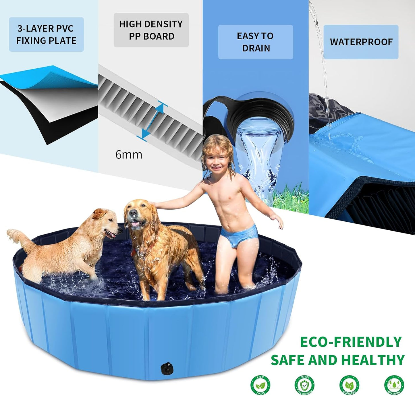 Foldable Dog Pool, 87" x 14" Large Kiddie Pool with Hard Plastic, Non-Slip Dog Bath Tub for Outdoor Backyard, Collapsible Dog Swimming Pool for Kids Dogs Pets (Blue)