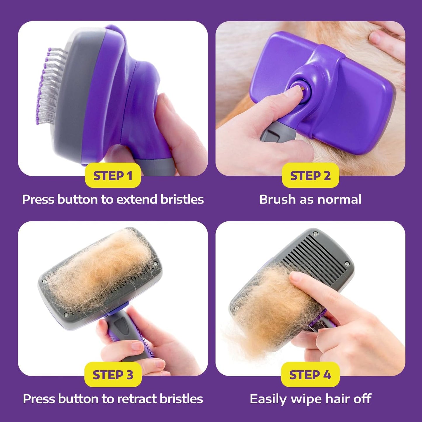 Hertzko Self-Cleaning Slicker Brush - Cat and Dog Brush for Shedding, Tangles and Dirt - Gentle Grooming Tool for Sensitive Skin - Pet Hair Remover for Long and Short Coats - Purple