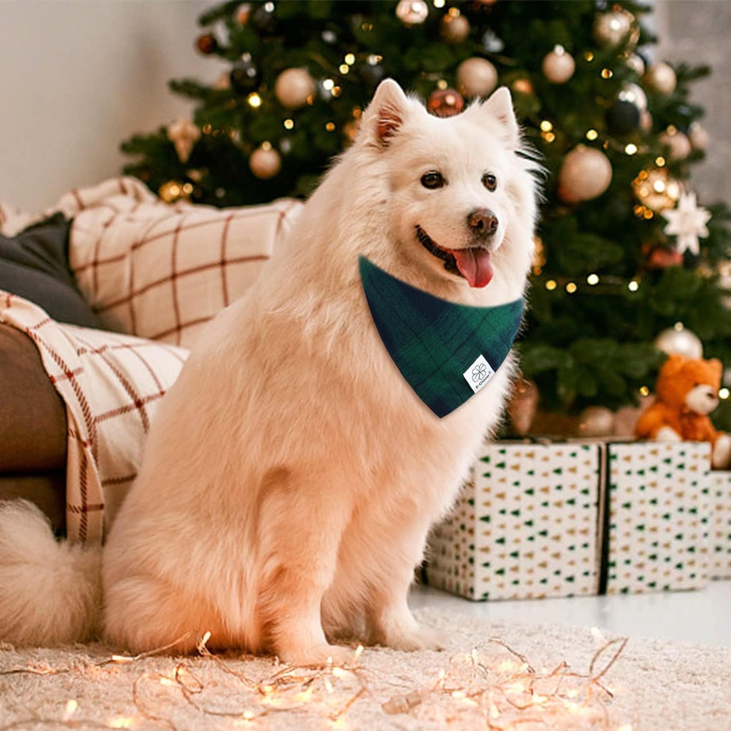 E-Clover Summer Dog Bandanas Boy & Matching Scrunchie Set Plaid Dog Bibs Scarf Triangle Kerchief Bandana for Medium Large Dogs Birthday Gifts Pet Owner Mom Green