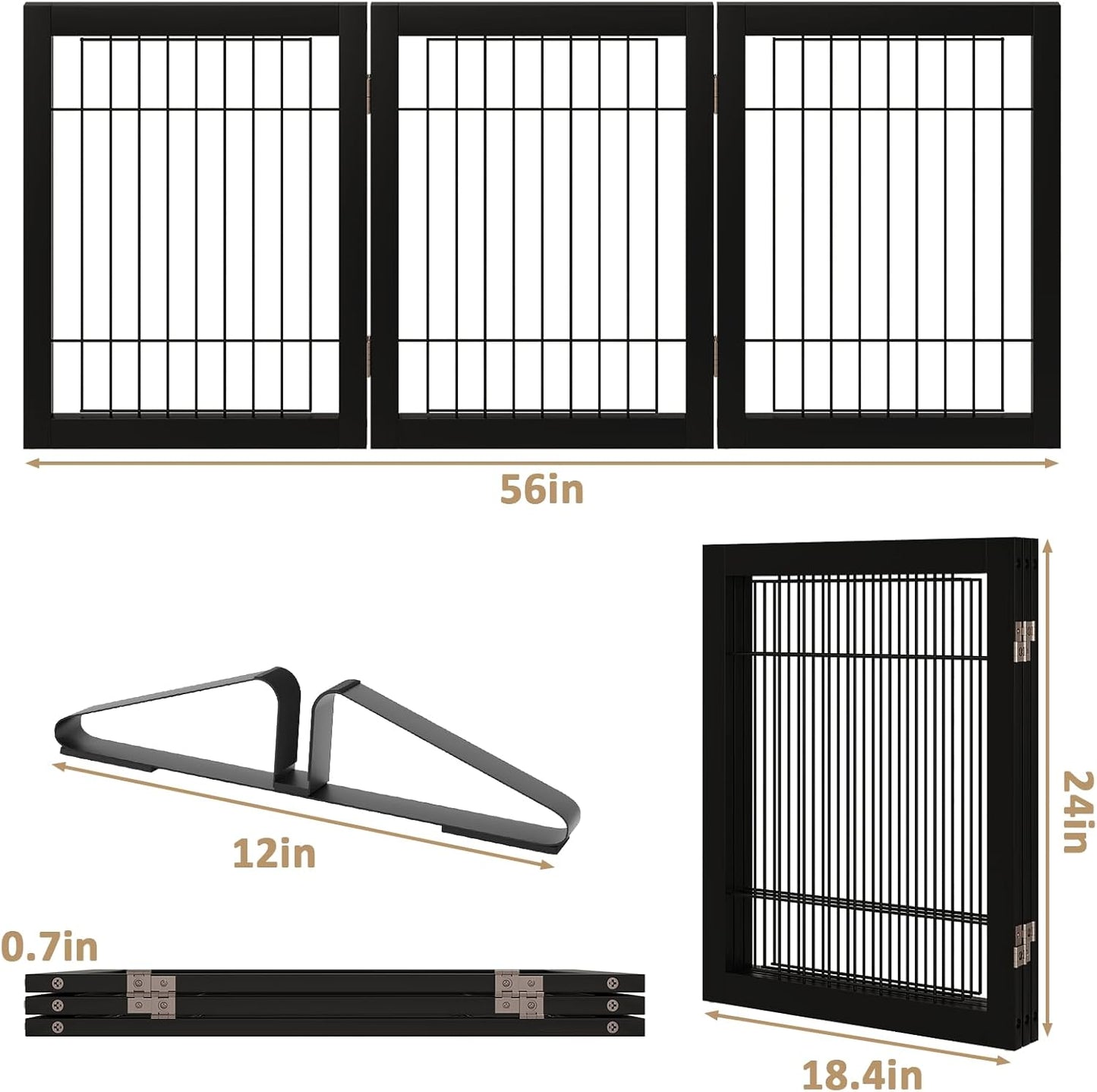 Wire Dog Gate Indoor, Dog Gates for Doorways, Stairs, 24-Inch Tall Freestanding Pet Gates for Dog, Puppy Fence (3 Panel, Black)