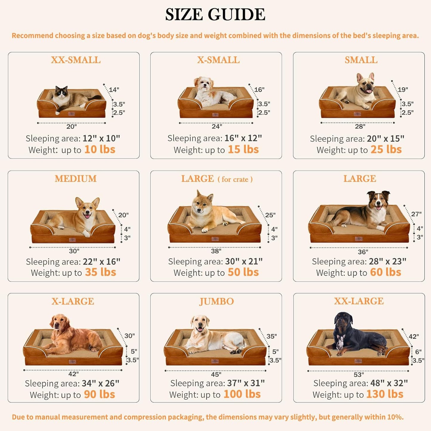 Comfort Expression Orthopedic Dog Beds for Extra Large Dogs, PV Washable Dogs Sofa Beds Jumbo, Waterproof Dog Bed with Removable Cover & Non-Slip Bottom(Jumbo,Caramel)