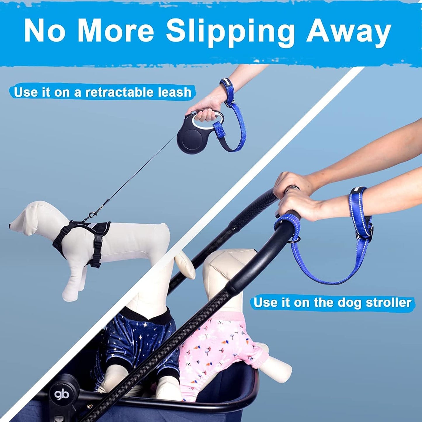 PetBonus 2 Packs Short Dog Leash, Safety Wrist Strap for Retractable Dog Leash, Reflective Design and Adjustable Soft Padded Handle, Extra Layer Security for Pet Stroller (Blue, Blue)