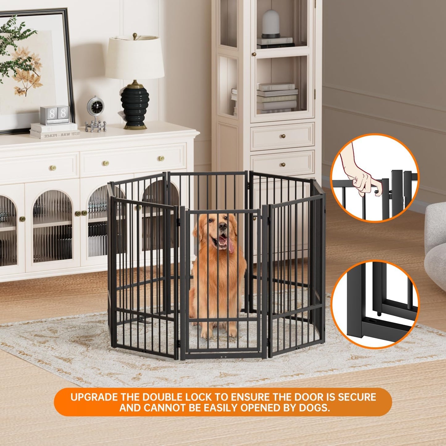 Full Metal Freestanding Dog Gate with Door, 36''Height Foldable Pet Dog Fence for Indoor & Outdoor, 8 Panels Extra Wide Free Standing TallDog Gates for Doorways,House,Stairs,Porch,Deck,Yard