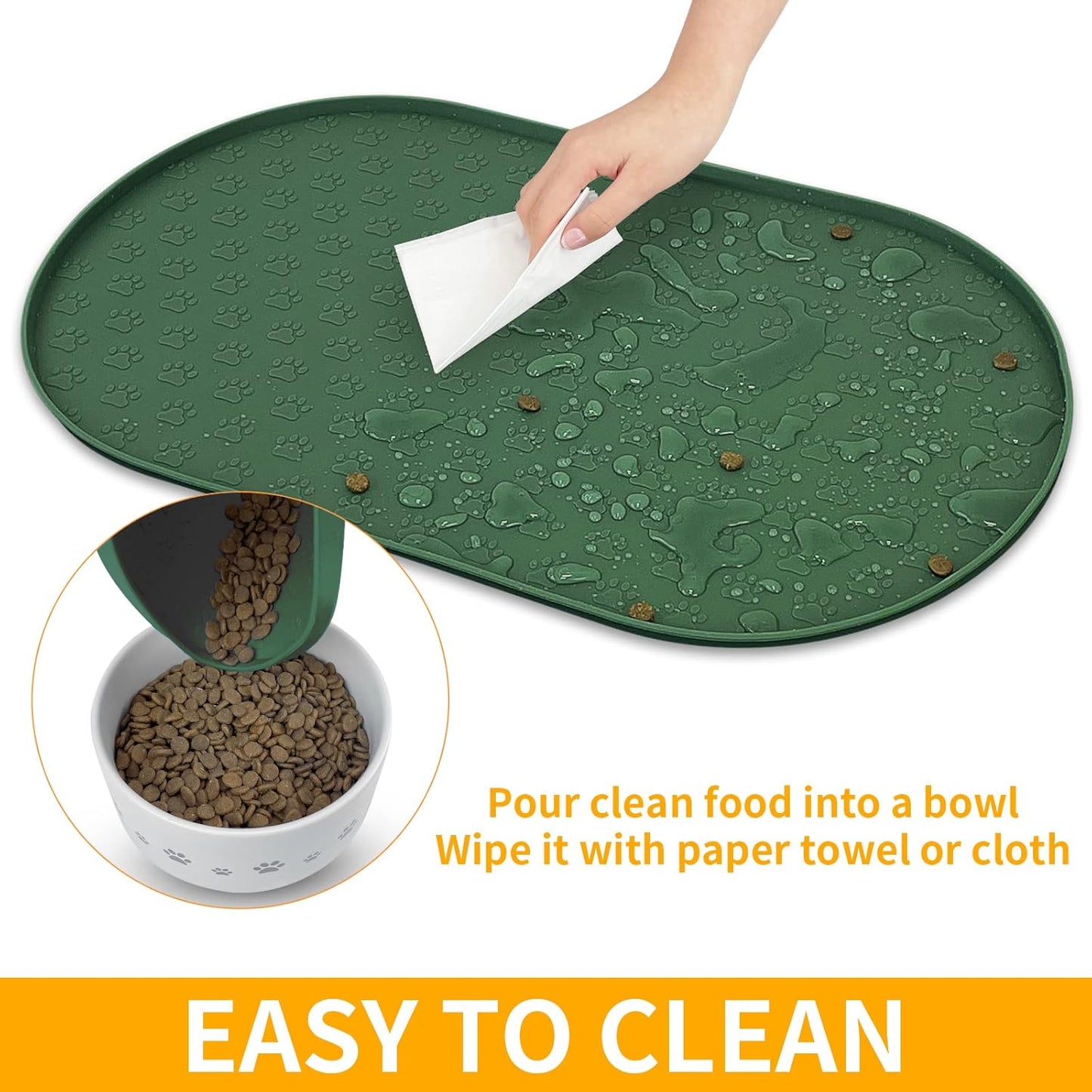 KPWACD Pet Placemat for Dog and Cat, Anti-Slip Waterproof Dogs Feeding Bowl Mat Prevent Food and Water Overflow, Silicone Puppy Dish Mats Suitable for Small Medium Big Pets, Hunter Green, 19" * 12"