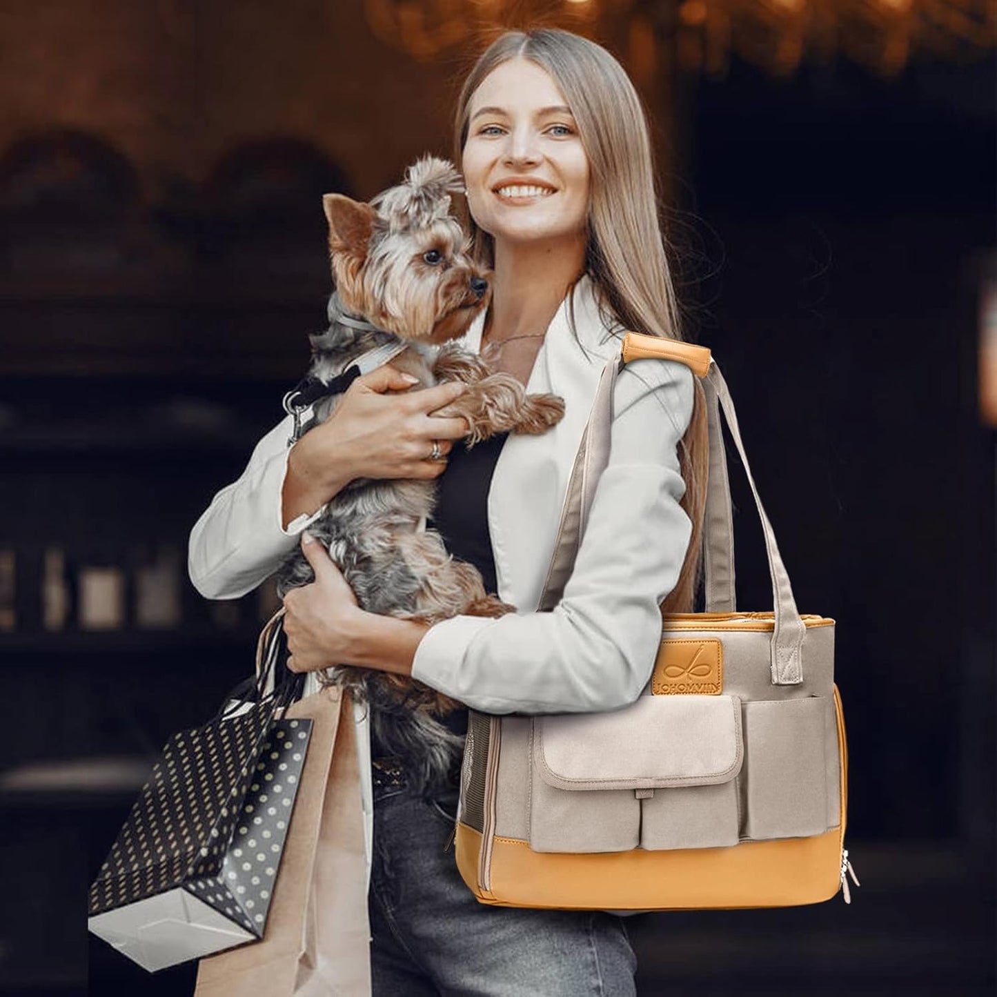 Dog Carrier, Cat Carrier, Pet Carrier, Foldable Waterproof Premium PU Leather Oxford Cloth Dog Purse, Portable Tote Bag Carrier for Small to Medium Cats and Small Dogs