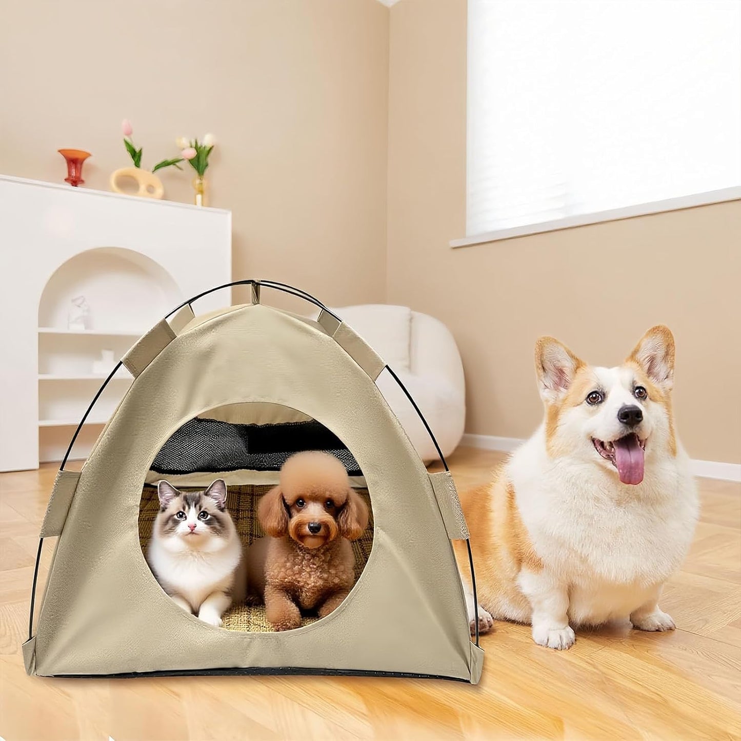 BreezyDen Pop-Up Pet Tent – Portable Hideaway for Cats & Small Dogs, Portable Indoor/Outdoor Pet Tent House with Mesh Window, Waterproof, Breathable, Scratch-Resistant, Fully Washable (Beige,L)