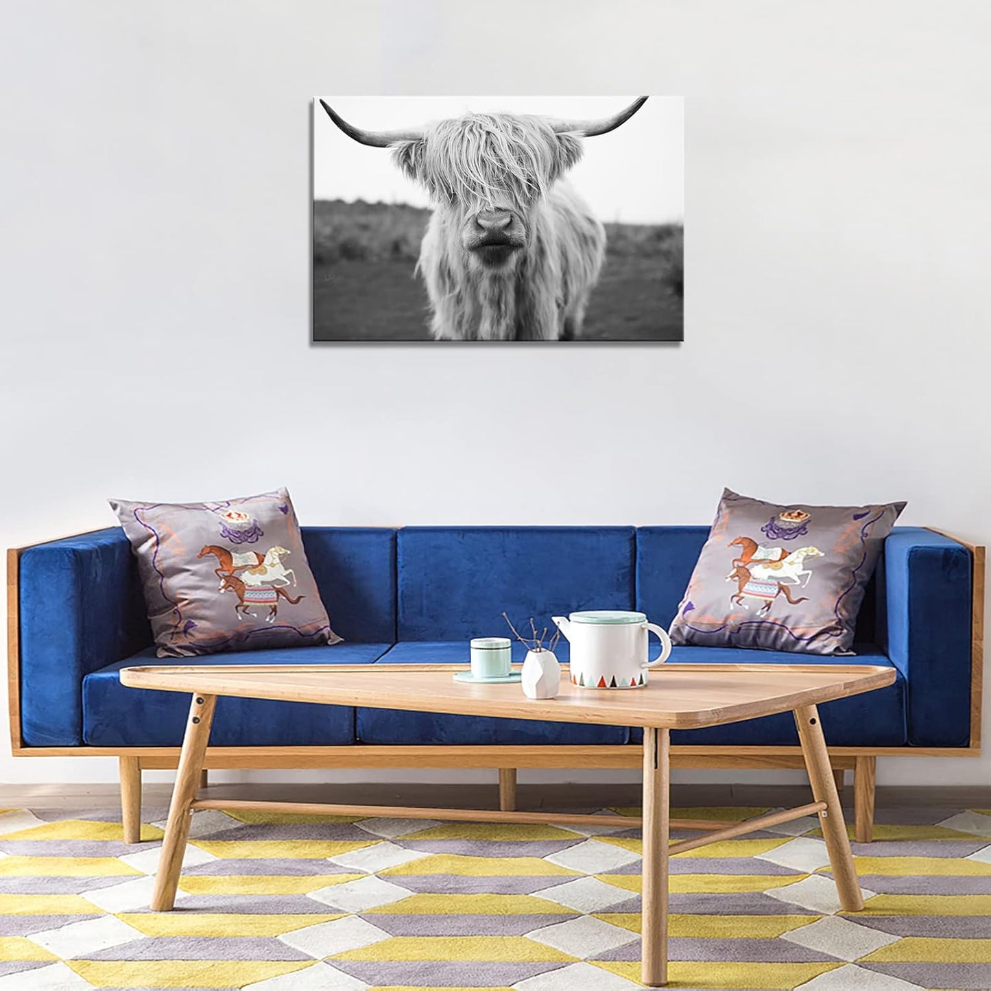 XXMWallArt FC3669 Highland Cow Canvas Art - Black and White Animal Wall Art for Living Room, Bedroom, Office Decor