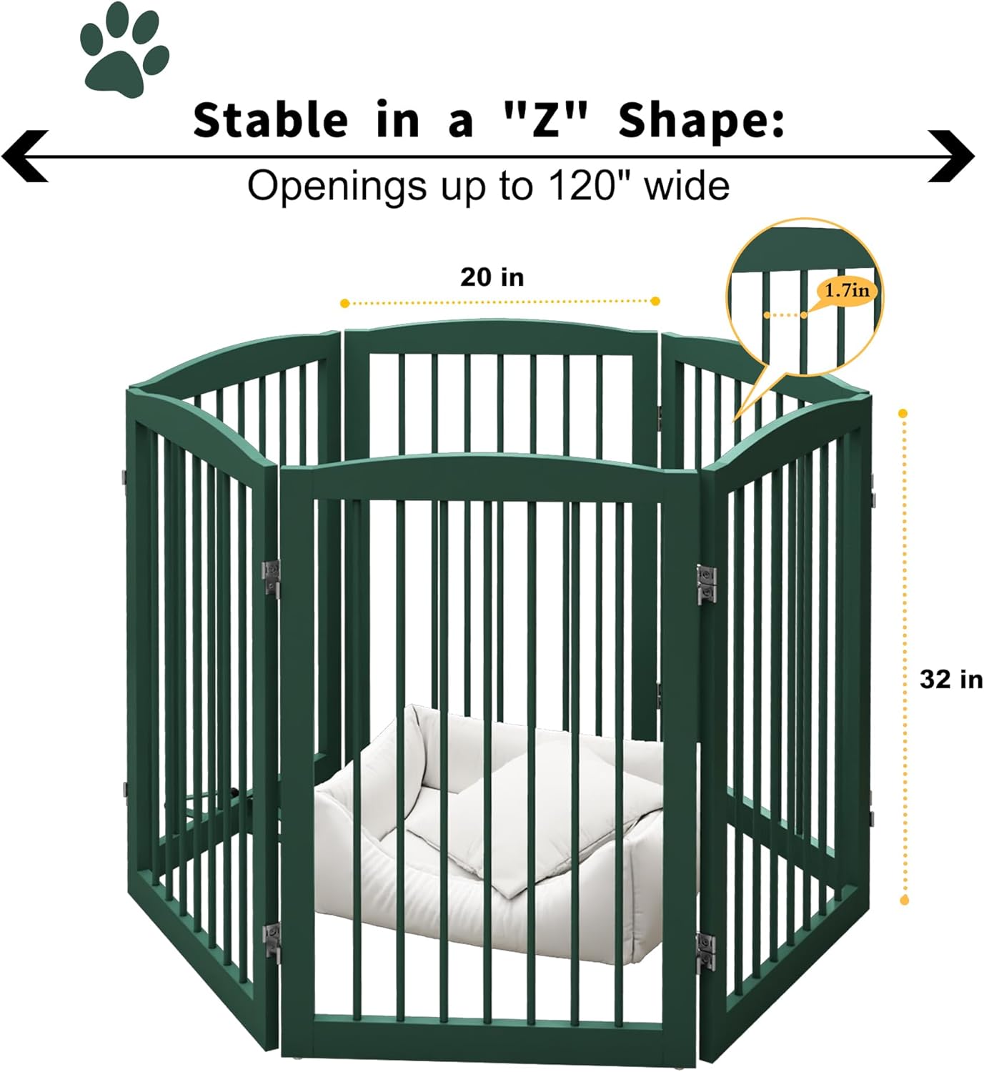 Freestanding Pet Gate for Dogs, Foldable Wooden Dog Gate for House, Extra Wide Indoor Pet Barrier for Stair, Doorway, Hall, Support Feet Included, 120 Inch Wide, 6 Panels 24",Green