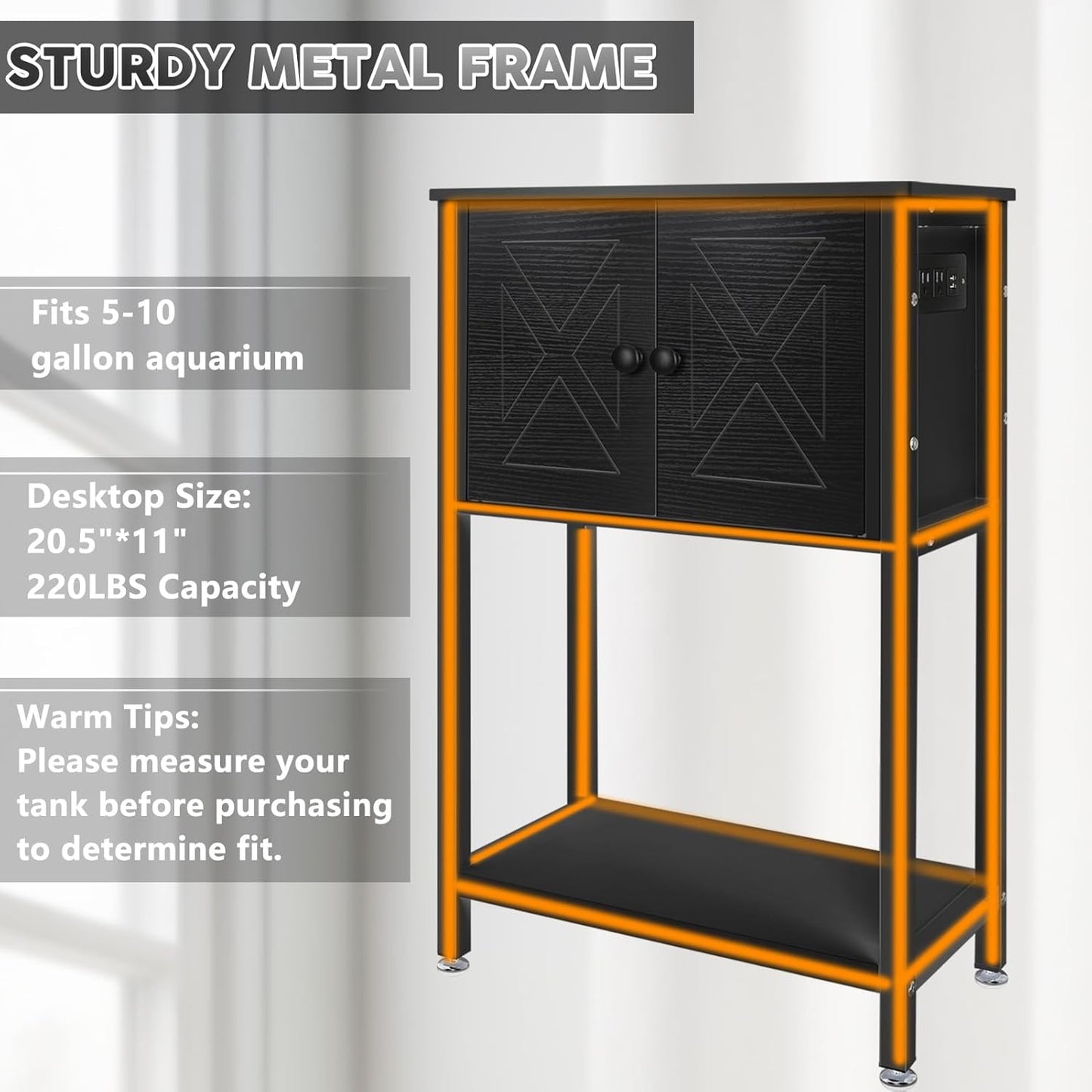 5-10 Gallon Fish Tank Stand, Heavy Duty Aquarium Stand with Cabinet & Power Outlets for Fish Tank Accessories Storage, Double Tank Stand 20.5" L* 11" W Tabletop, 220LBS Capacity Black