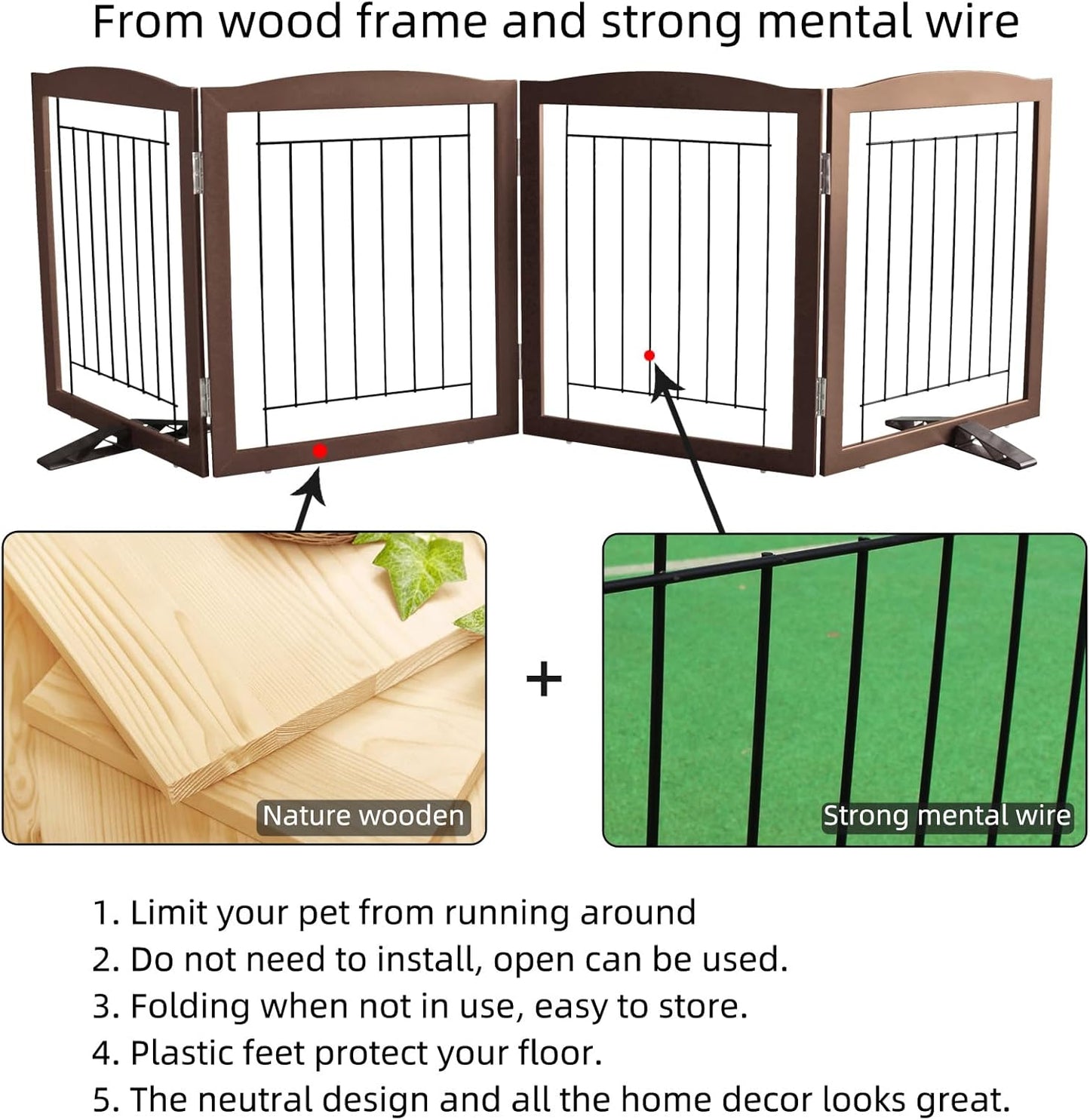 ZJSF Freestanding Dog Fence Indoor, Foldable Dog Gate for Doorways, Stairs or Hallways, Sturdy Wood Extra Wide Pet Gate with Support Feet for The House, Brown, 24 "Height-4 Panels