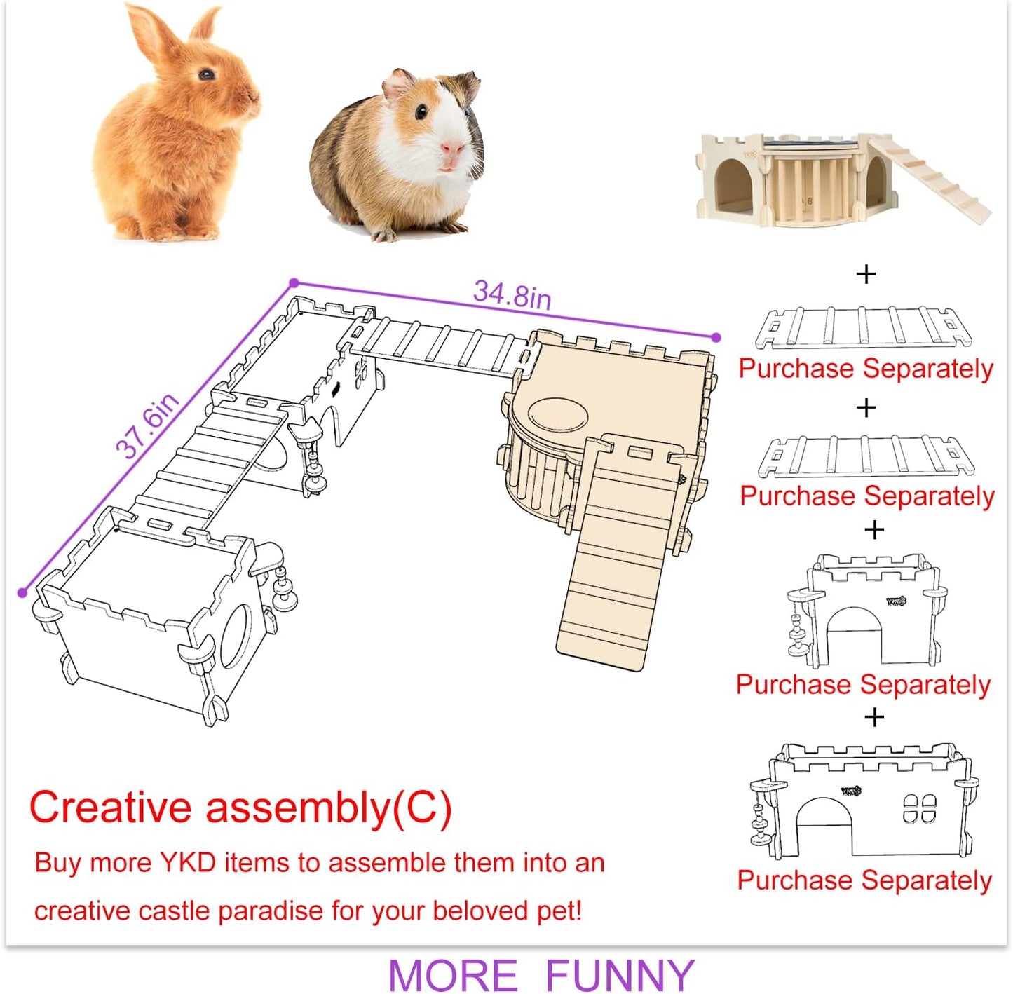 Large Guinea Pig Castle, Natural Wood Rabbit House with Ladder and Hay Feeder, Small Animal Hideout for Rabbit Guinea Pig Hedgehog Chinchilla