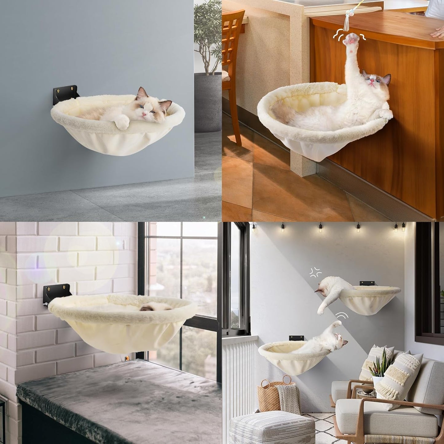 Cat Hammock Wall Mounted, Foldable & Stable Cat Beds- Breathable Cats Wall Shelves for Sleeping, Playing, Climbing, and Lounging - Maximum Hold Up to 30lb(Cream,Faux Rabbit Fur)