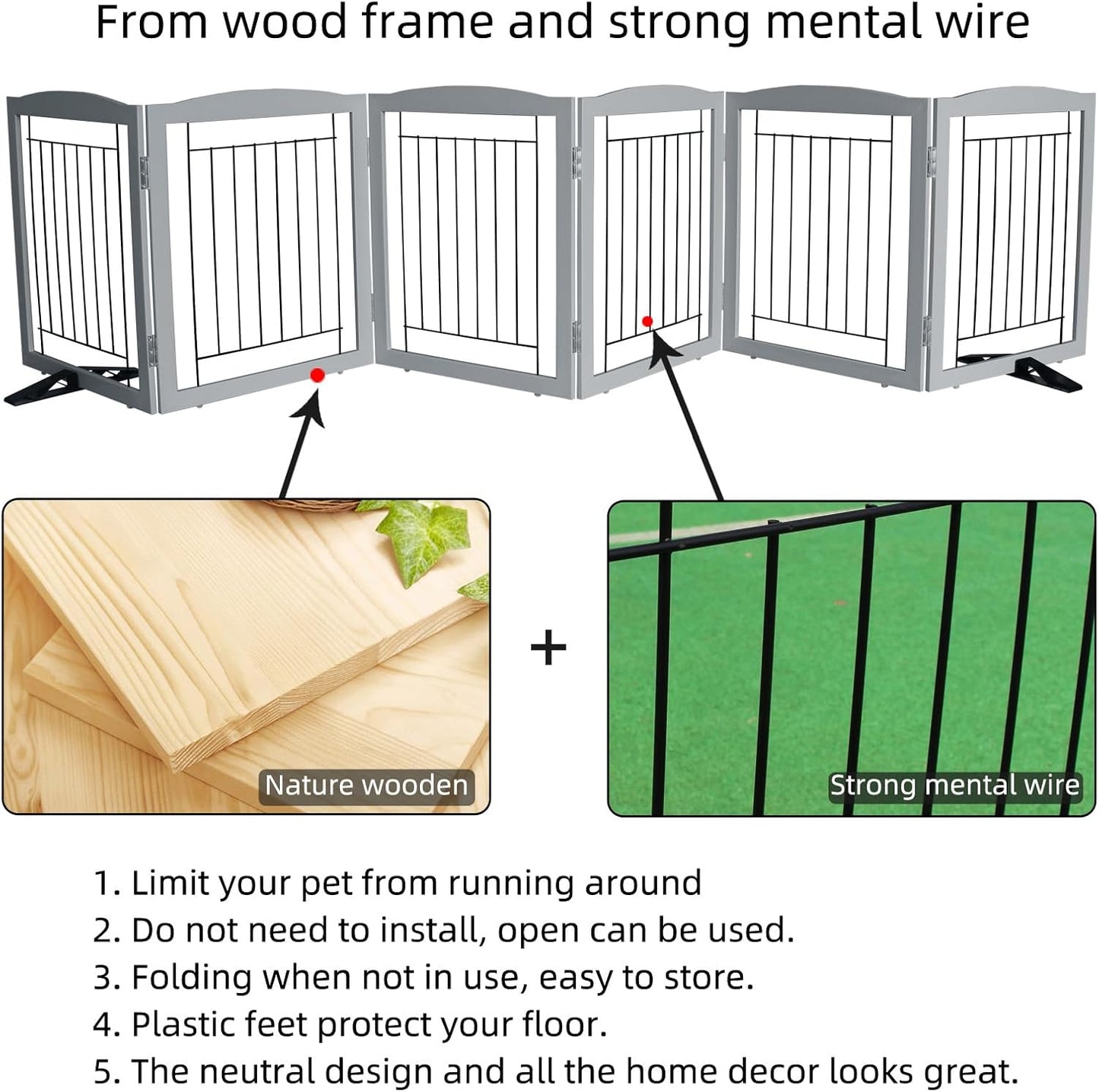 ZJSF Freestanding Dog Fence Indoor, Foldable Dog Gate for Doorways, Stairs or Hallways, Sturdy Wood Extra Wide Pet Gate with Support Feet for The House, Grey, 24 "Height-6 Panels