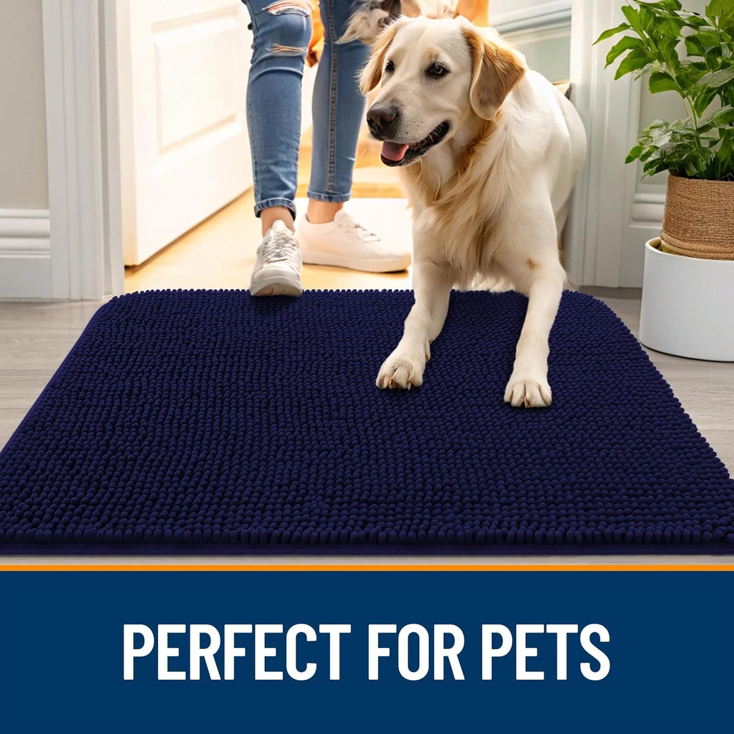 OLANLY Dog Door Mat for Muddy Paws 44x32, Absorbs Moisture and Dirt, Absorbent Non-Slip Washable Doormat, Quick Dry Chenille Mud Mat for Dogs, Entry Indoor Entryway Carpet for Inside Floor, Navy Blue