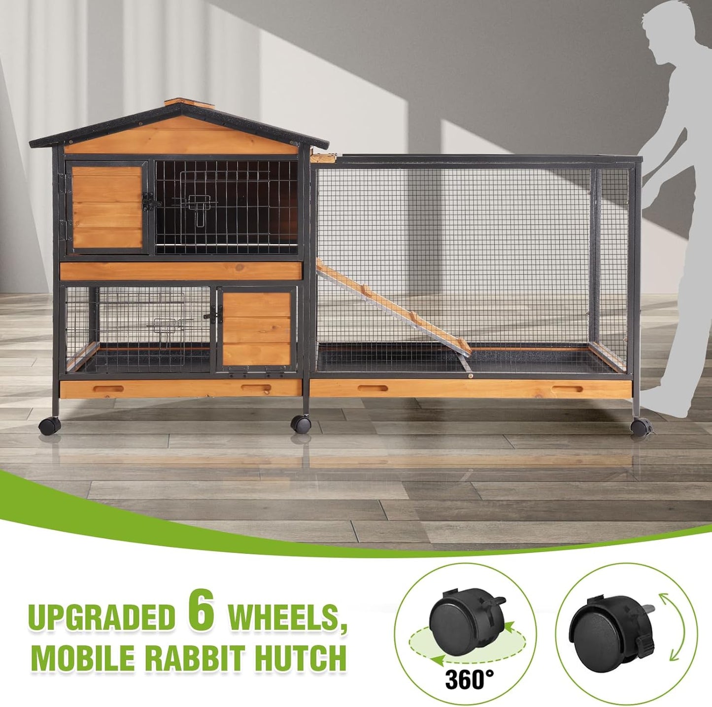 GUTINNEEN 2-Story Rabbit Hutch with Chew-Proof Full Metal Frame for Indoor/Outdoor - 62" Bunny Cage with 6 Locking Casters & 2 Pull-Out Trays for Rabbits, Guinea Pigs, Small Pets (Brown)
