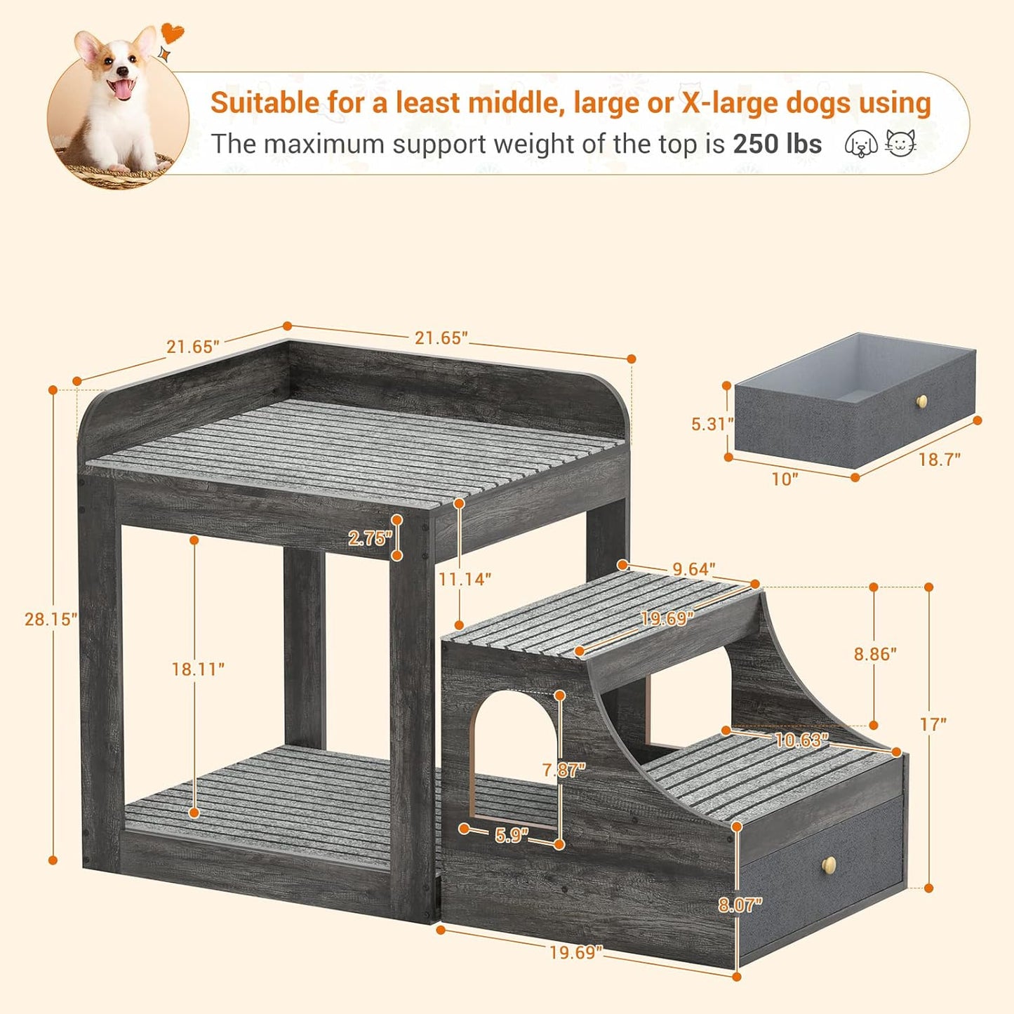 Cyclysio Super Large Multi-Level Pet Bunk Bed with Stairs, Mats, Drawers for Indoor Use, Grey