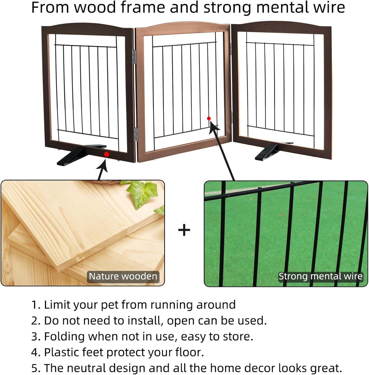 ZJSF Freestanding Dog Fence Indoor, Foldable Dog Gate for Doorways, Stairs or Hallways, Sturdy Wood Extra Wide Pet Gate with Support Feet for The House, Brown, 32 "Height-3 Panels