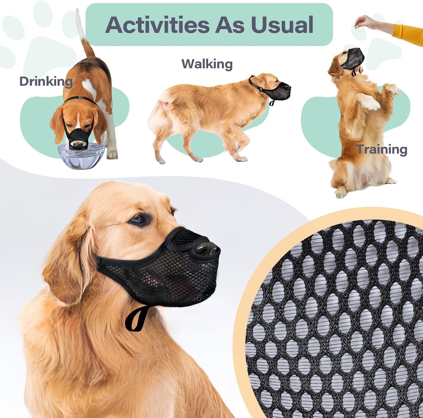 LUCKYPAW Dog Muzzle for Large Medium Small Dogs, Patented Mesh Muzzle to Prevent Biting Chewing Eating, Soft Mouth Guard with Front Opening Design for Drinking Panting(Black, XS)