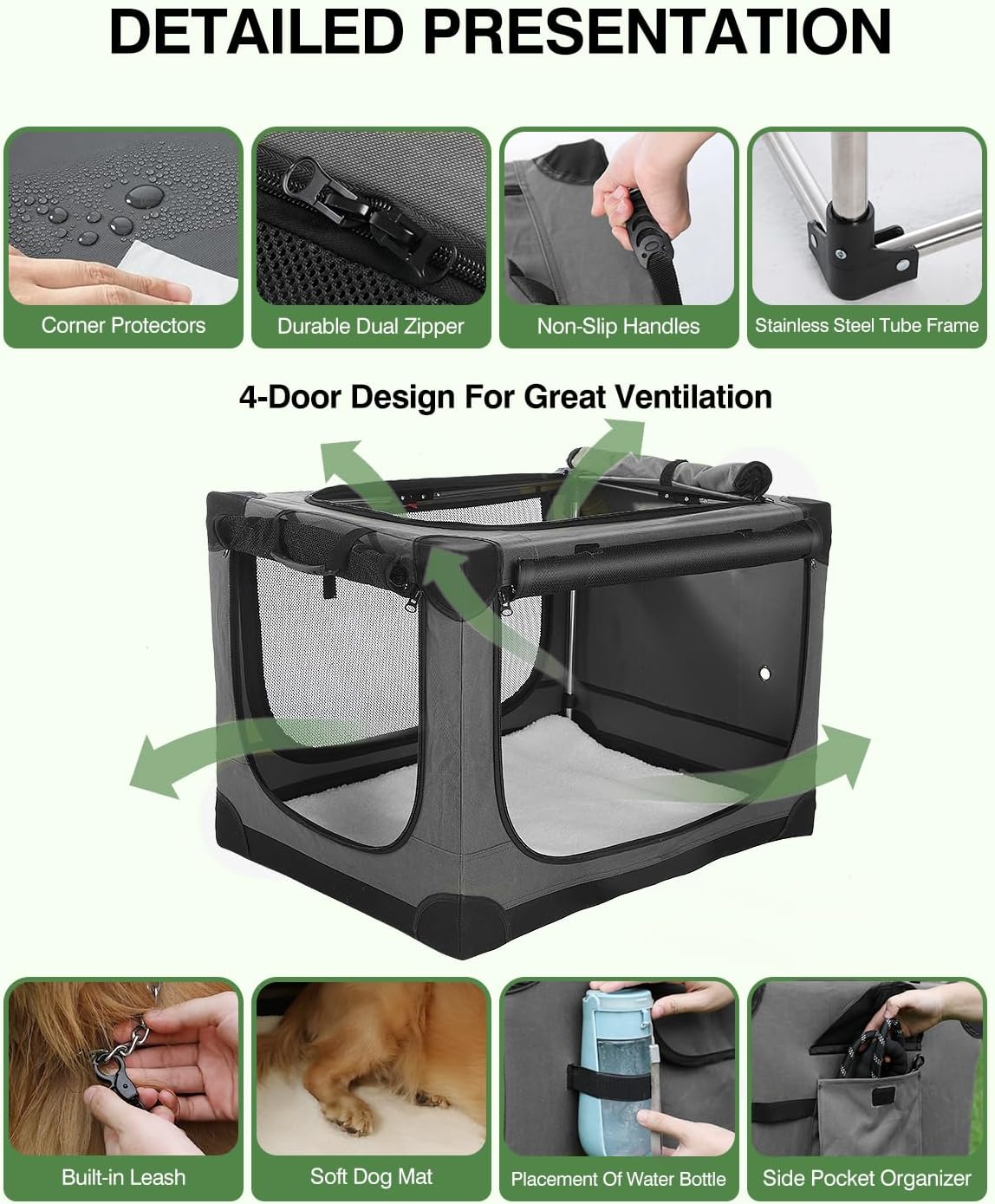42 Inch Collapsible Travel Dog Crate for Medium Large Dogs, Portable Dog Crate 4-Door Foldable Soft Kennel with Durable Mesh Windows for Indoor & Outdoor Travel, with Storage Bag,Grey
