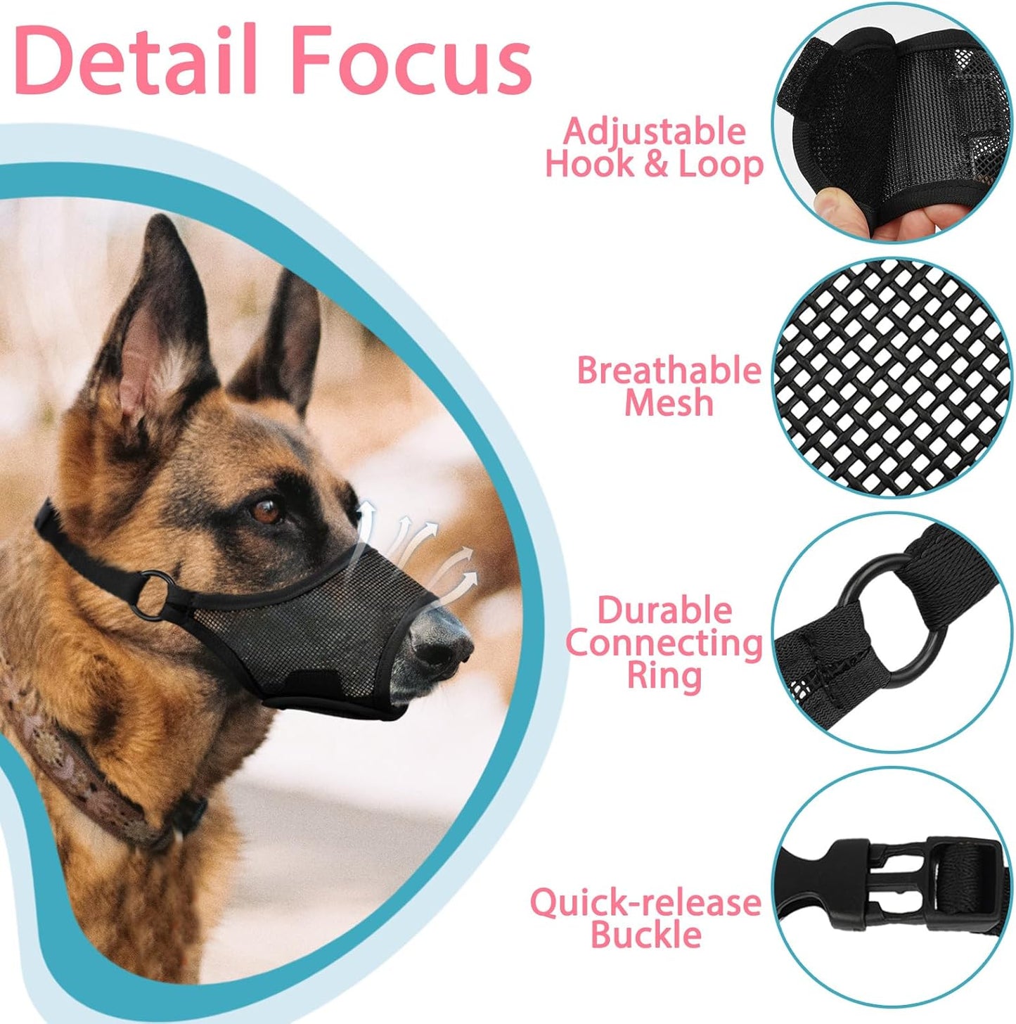 LUCKYPAW Dog Muzzle, Mesh Muzzle for Large Medium Small Dogs, Soft Mouth Guard for Biting Chewing, Breathable Mouth Guard with Adjustable Strap for Training (Black, M(Snout:8.75"-9.5"))