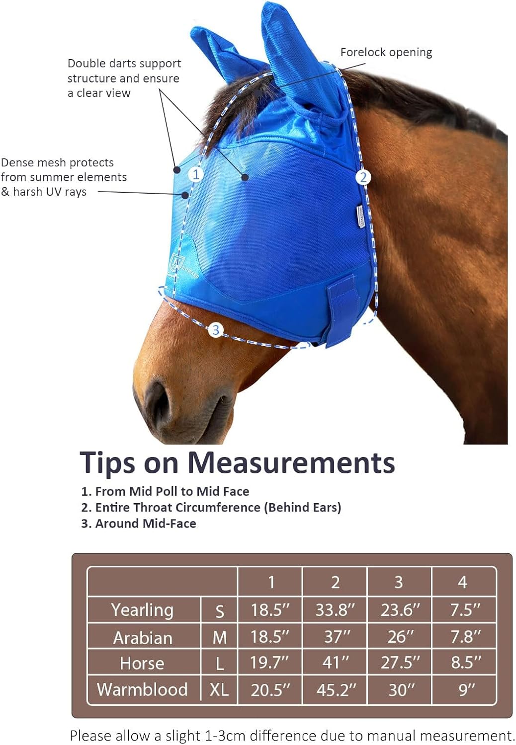 Harrison Howard UV-proof Multi-Function Fabrics Thick Fleece Padding Horse Fly Mask Half Face with Ears Signature Blue Horse Large