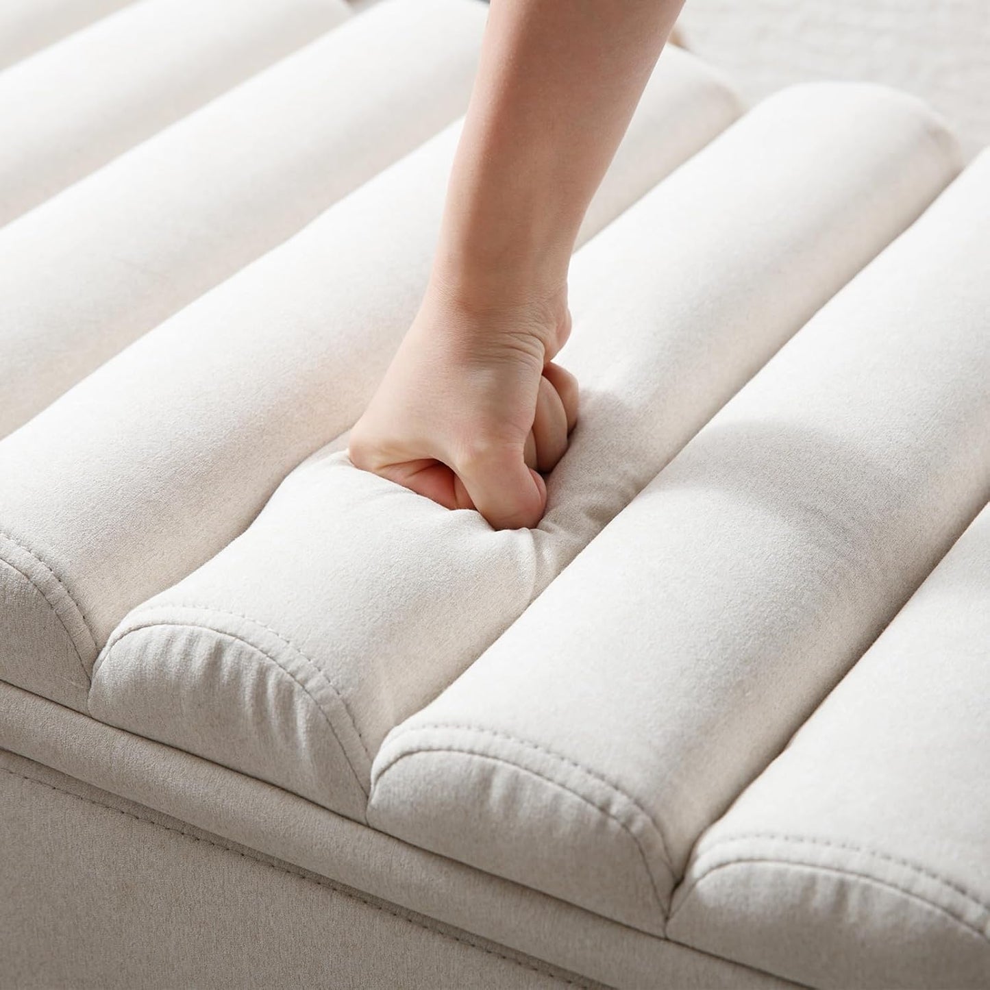 Kmax 45" Storage Bench Linen Entryway Bench Upholstered Ottoman Bench with Wavy Top & Safty Hinge for Bedroom Living Room Hallway, Beige