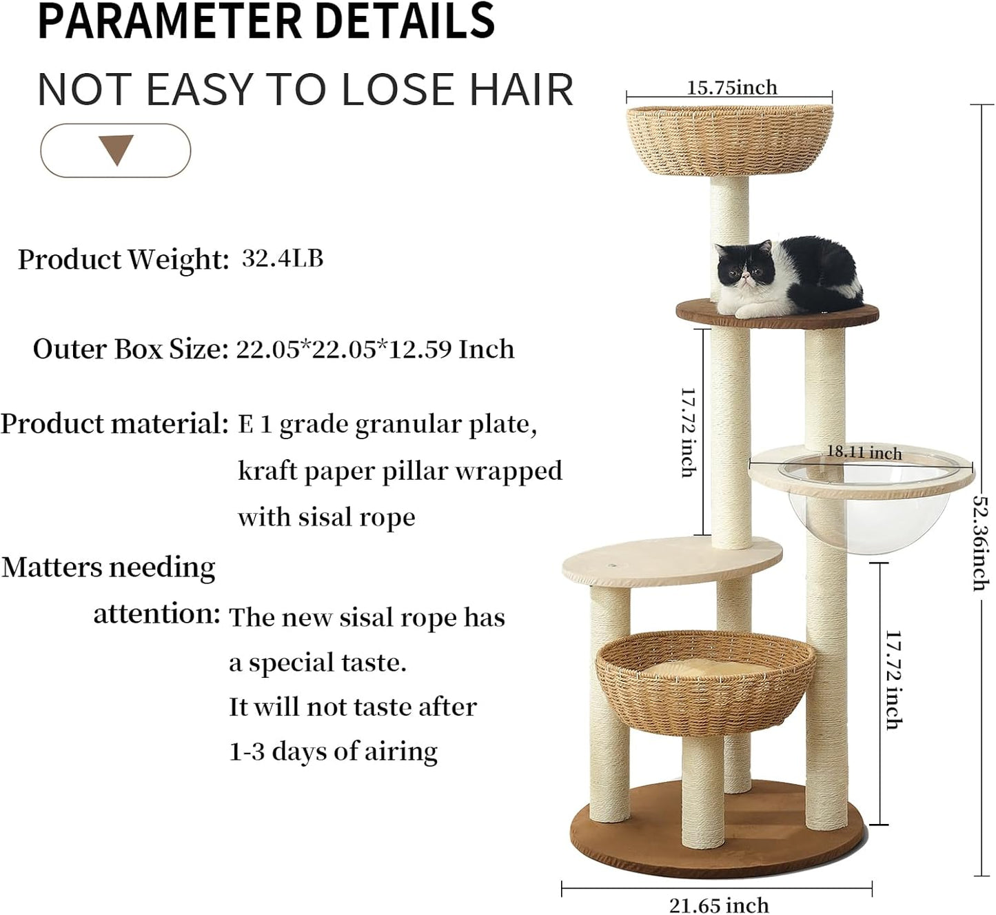 Modern Cat Tree Tower for Large Cats, Real Natural Sisal Luxury Cat Condo, Manual Hand Woven Wood Cat Tower, Indoor Cat Scratching Tree, New Cat Condo Lover Gift