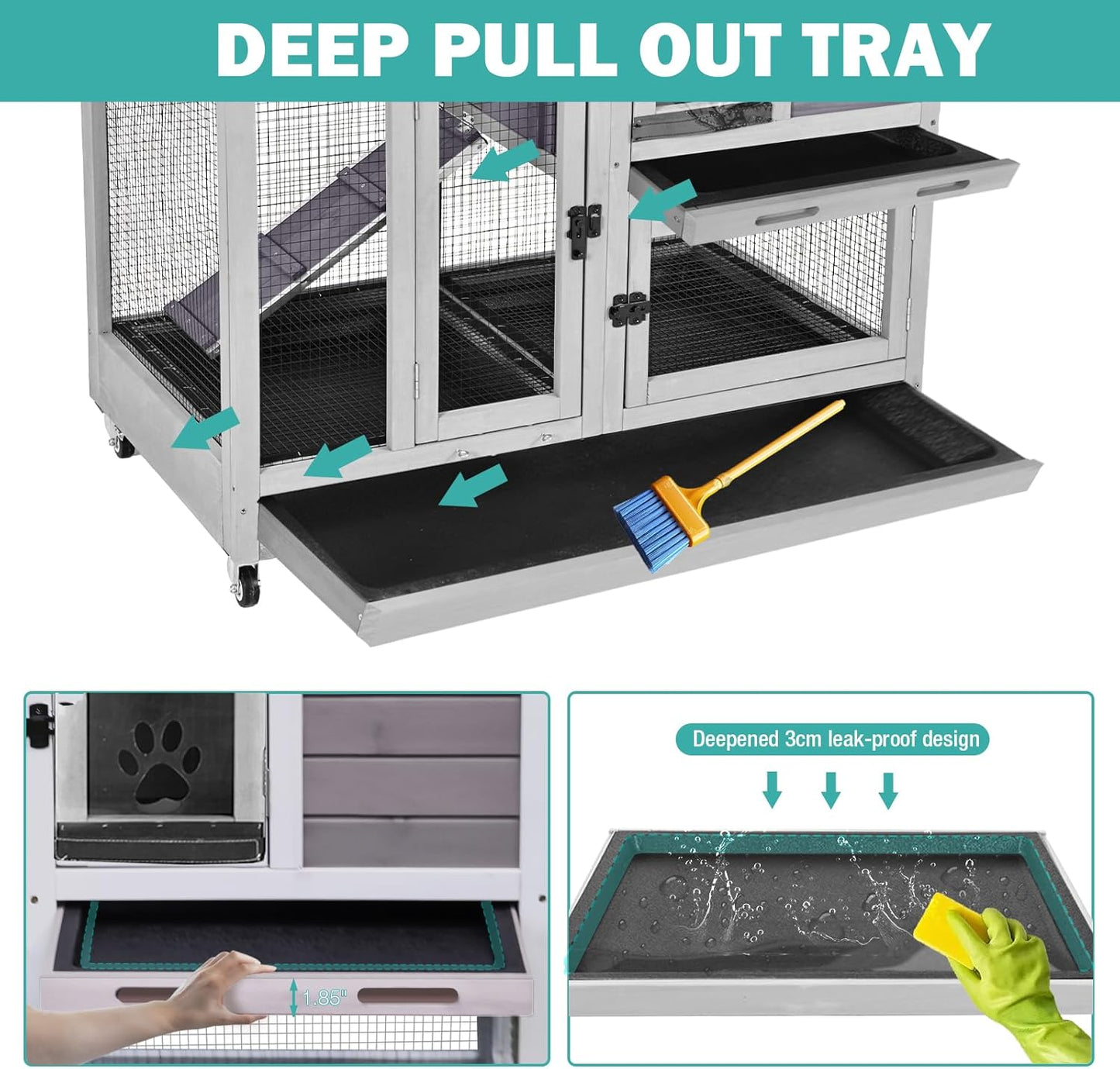Rabbit Hutch Indoor for 2-4 Rabbits & Guinea Pigs,Bunny Cage with Slide-Out Plastic Trays,Wooden Small Animal Cage for Rabbits, Bunnies, and Guinea Pigs (Light Grey)