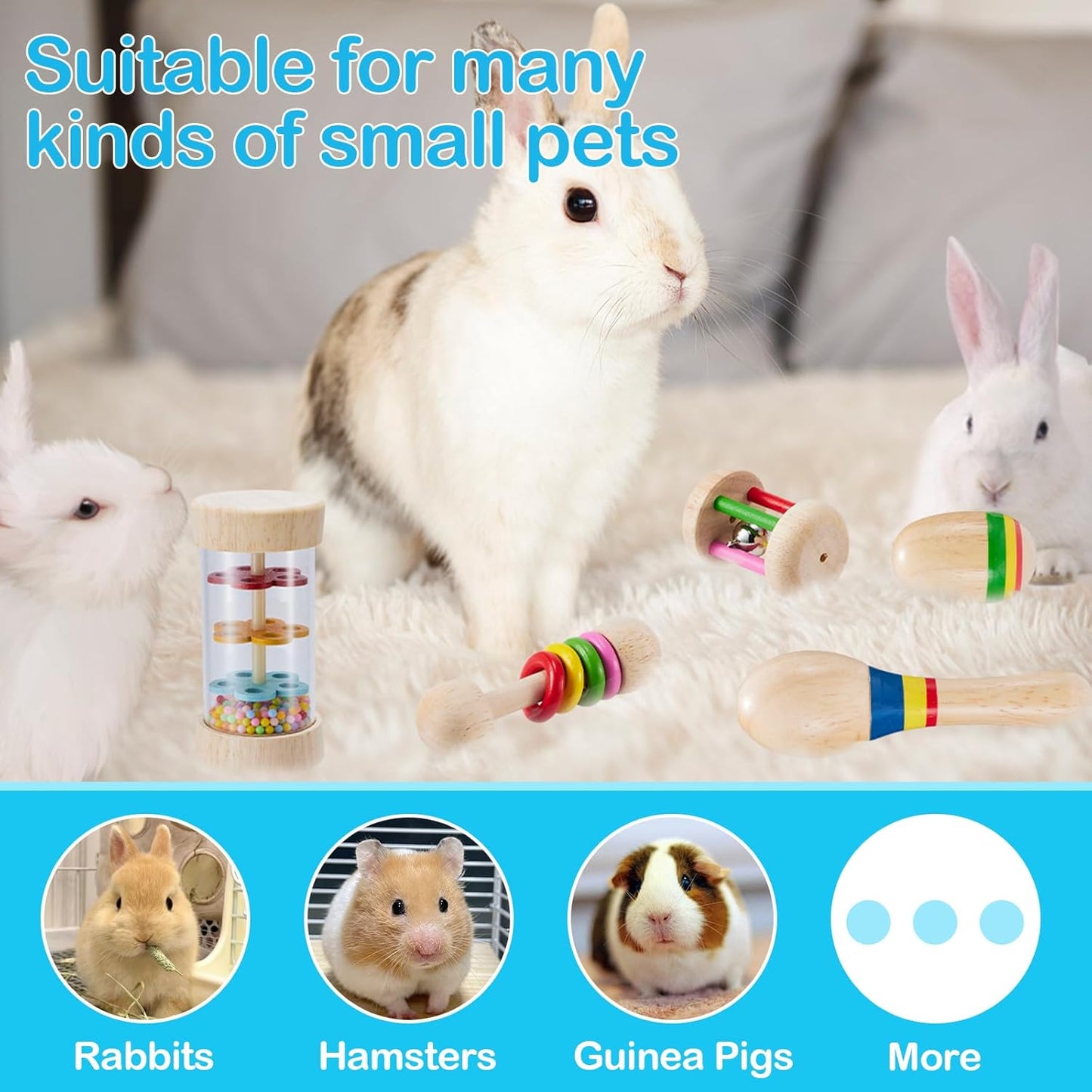 6 Pcs Wooden Bunny Toys - Safe Rabbit & Guinea Pigs Teeth Grinding Toys for Chinchillas, Hamsters & Small Animals - Indoor & Outdoor