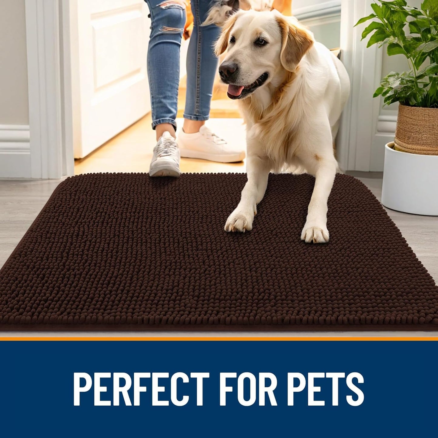 OLANLY Dog Door Mat for Muddy Paws 47x17, Absorbs Moisture and Dirt, Absorbent Non-Slip Washable Doormat, Quick Dry Chenille Mud Mat for Dogs, Entry Indoor Entryway Carpet for Inside Floor, Brown