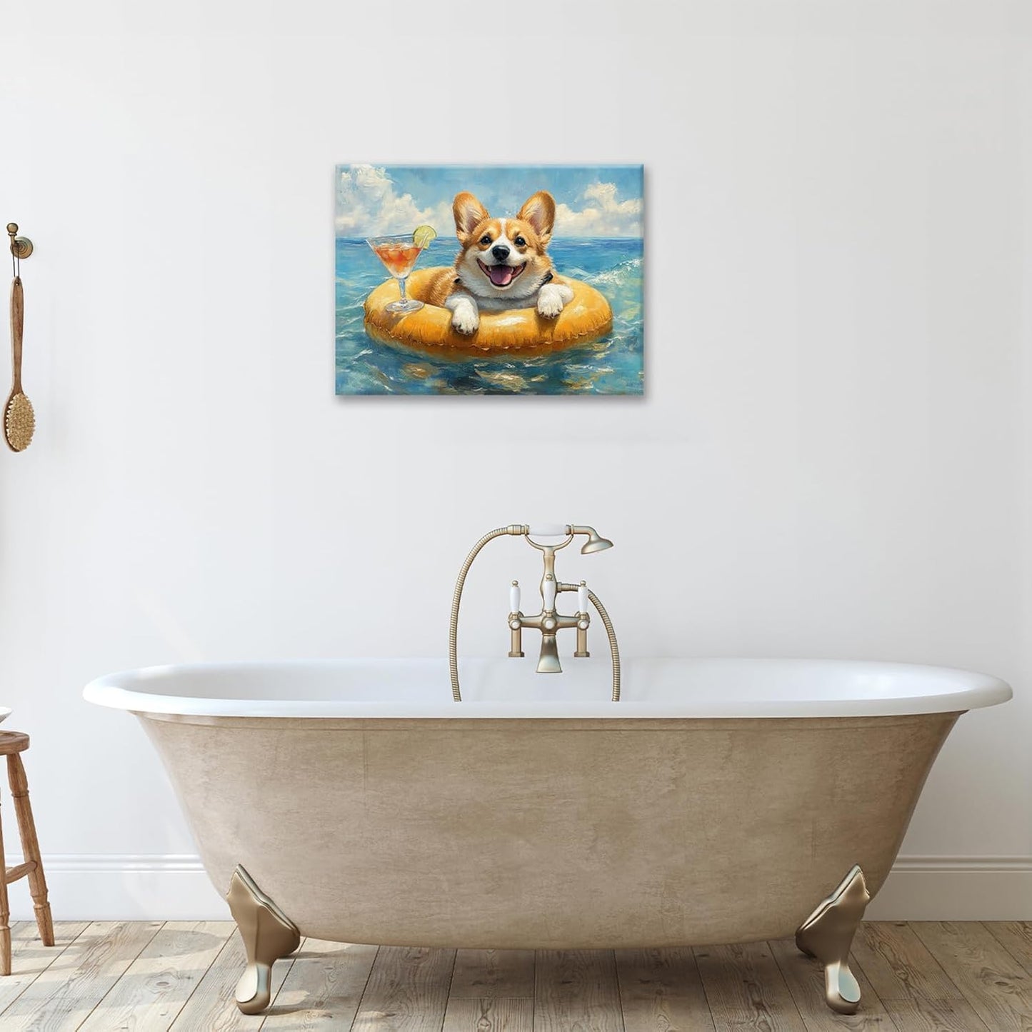 Ocean Funny Corgi Dog Pictures Wall Art, Bathroom Cute Dog Wall Decor Sea Coastal Framed Painting Beach Canvas Artwork for Bathroom Bedroom Living Room Decorations 16"L x 12"W