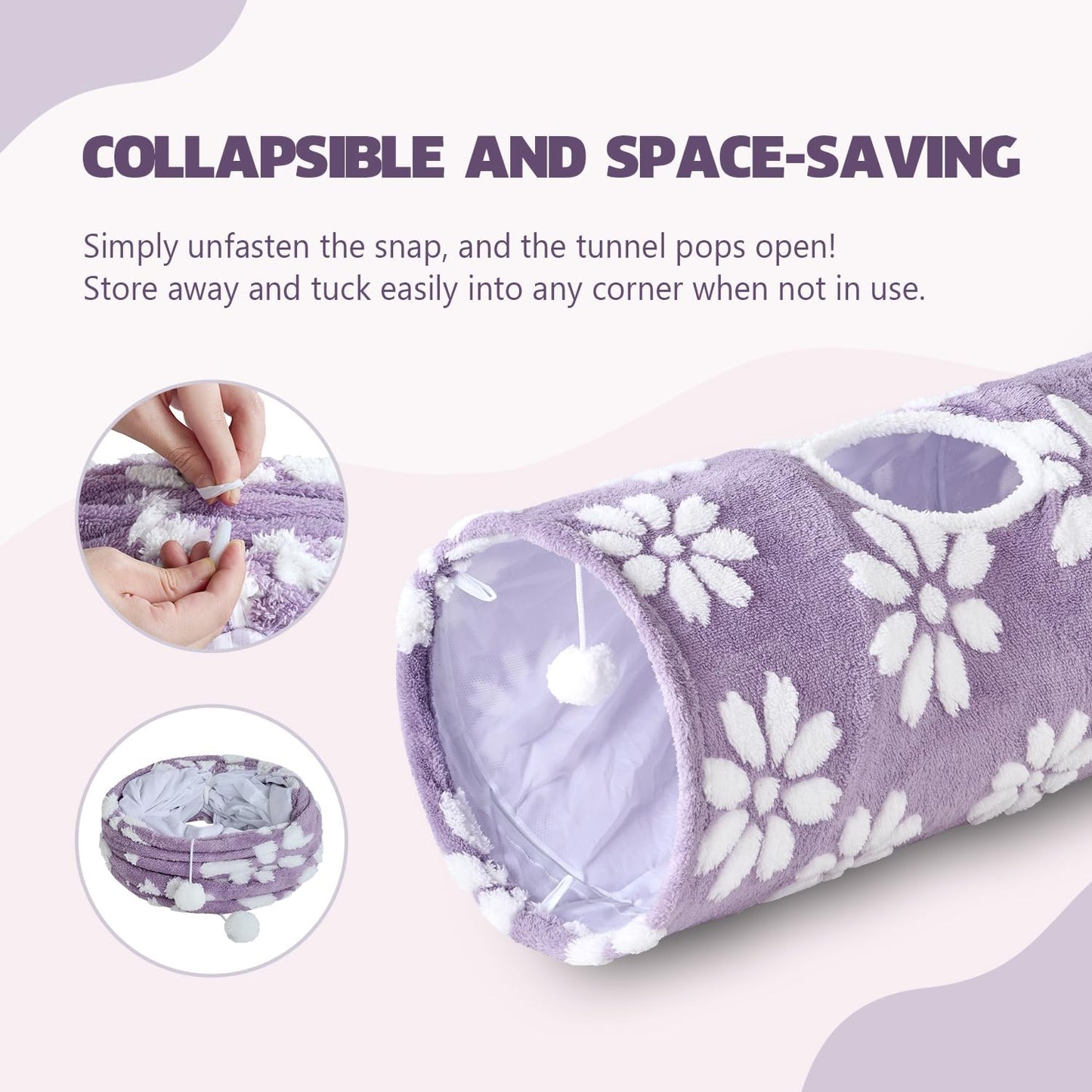 Straight Cat Tunnel for Indoor Cats 47"x12", Cute Cat Toys Collapsible Tunnel Tube with Balls for Puppy Kitten Rabbit, Purple Flower