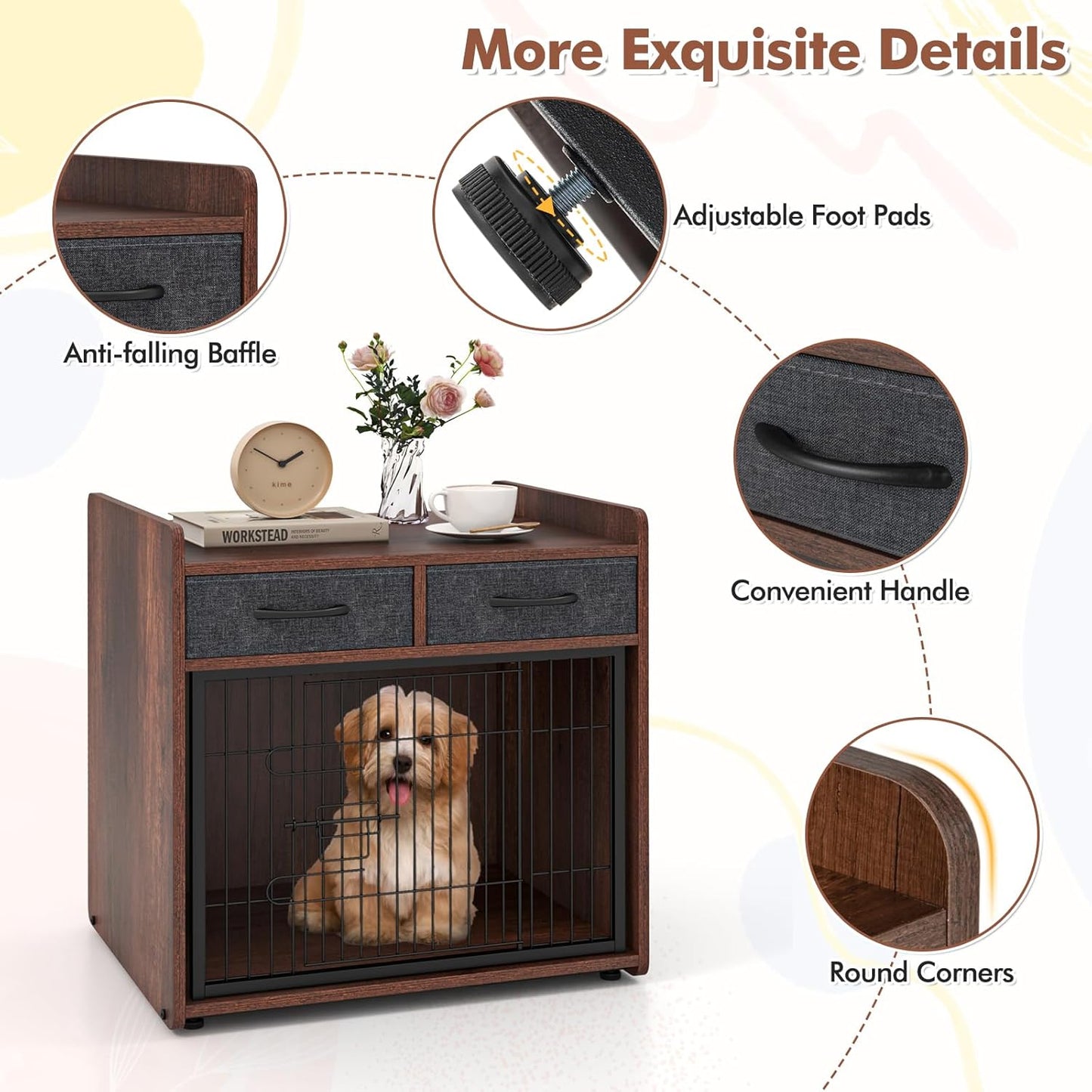 PETISITE Wooden Dog Crate with Lockable Door, Adjustable Foot Pads, 2 Fabric Drawers, Indoor Kennel Side Table for Small & Medium Dogs, 24.5 x 19.5 x 25 in