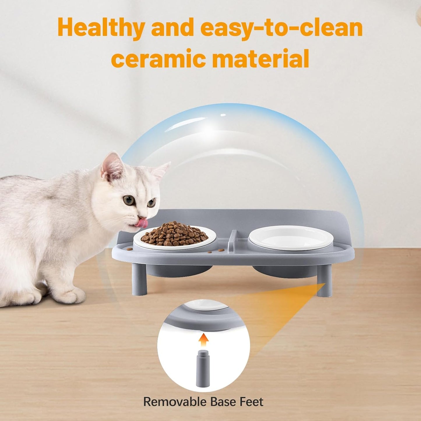 Elevated Cat Bowls, Tilted Rised Cat Food and Water Bowl with 2 Pcs Ceramic Pet Bowls, Rised Stand, Pet Dish Anti Vomiting Feeding Station for All Sized Cats & Small Dogs (Grey)