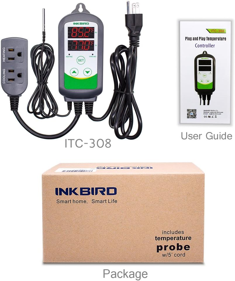 Inkbird ITC308 Freezer Thermostat Heating Cooling Plug Temperature Controller Outlet 110V 1200W Digital Temp Control for Greenhouse Heater Cooler Reptile Brewing Fermentation Kegerator Probe