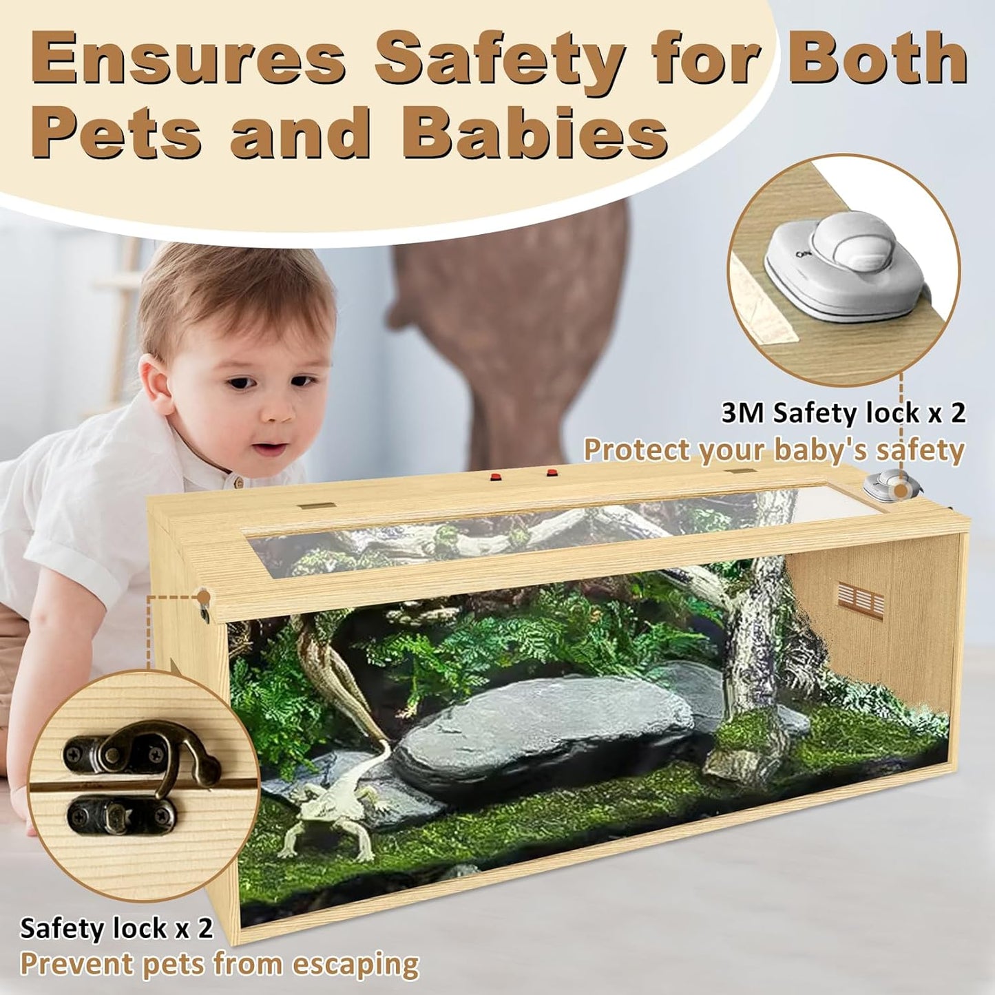 43 Gallon Reptile Terrarium Tank, Large Snake Enclosure, Lizard, Leopard Gecko Tank with Openable Roof Door, Lockable Bearded Dragon Tank, (Wooden, 40" L x 16" W x 16" H)