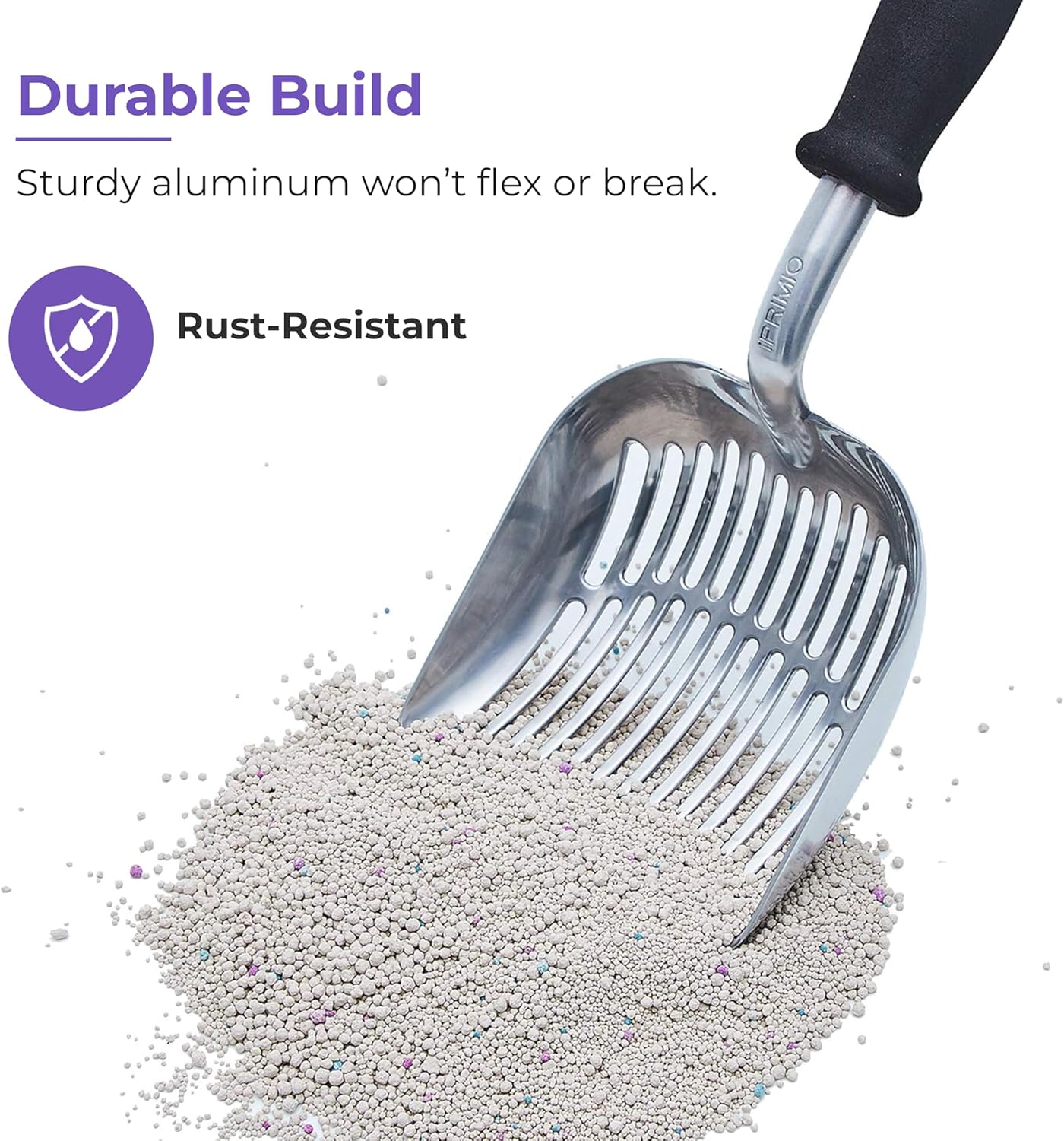 iPrimio Monster Metal Cat Litter Scoop with 17-Inch Long Handle - Extra Large Deep Shovel with Rounded Corners for Extended Reach and Soft Ergonomic Grip for Effortless Cleaning