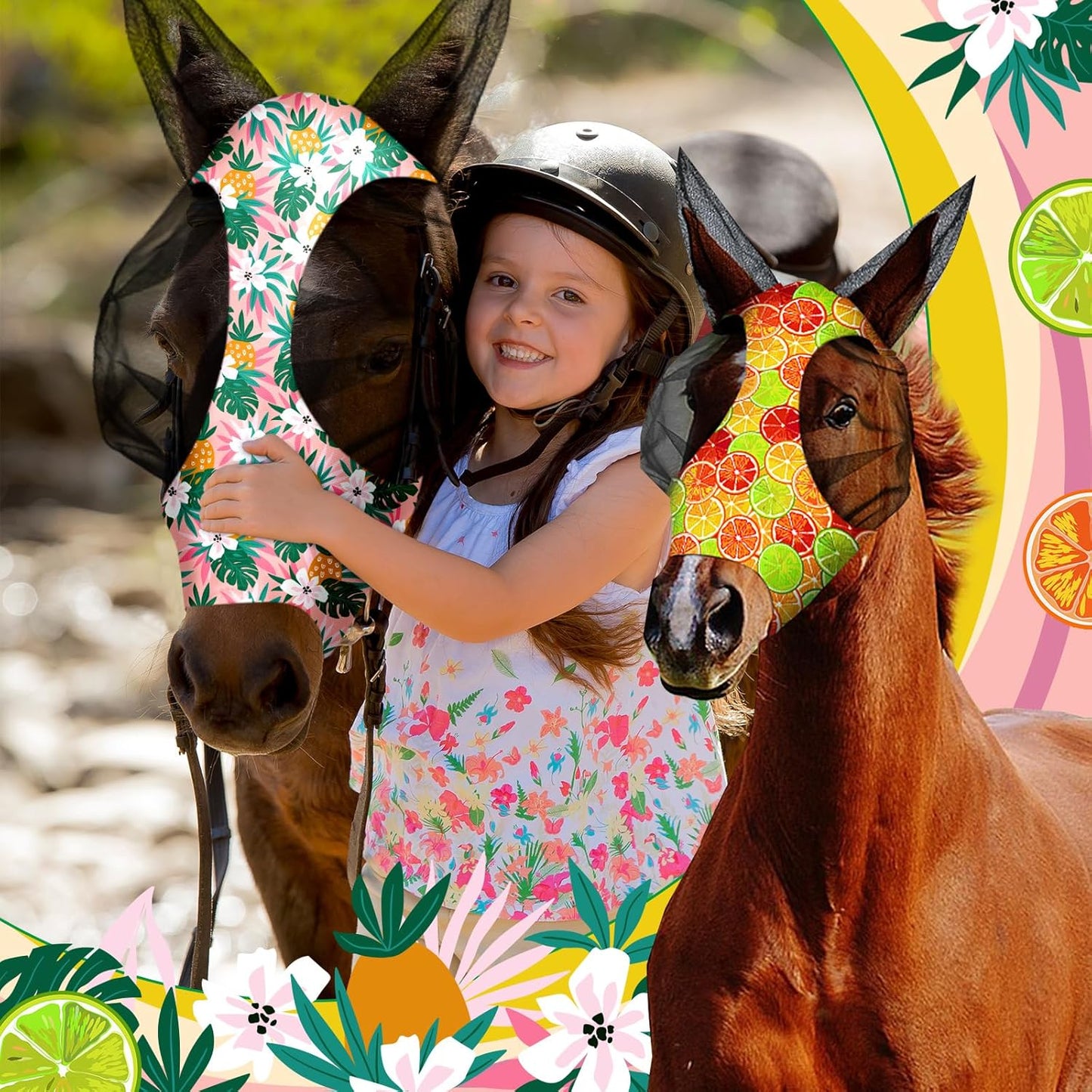 Frienda 4 Pieces Horse Fly Masks with Ears Face Covering UV Protection from Insect Pests Elasticity Smooth Comfortable Mesh Horse Mask Accessories(Fruit,Medium)