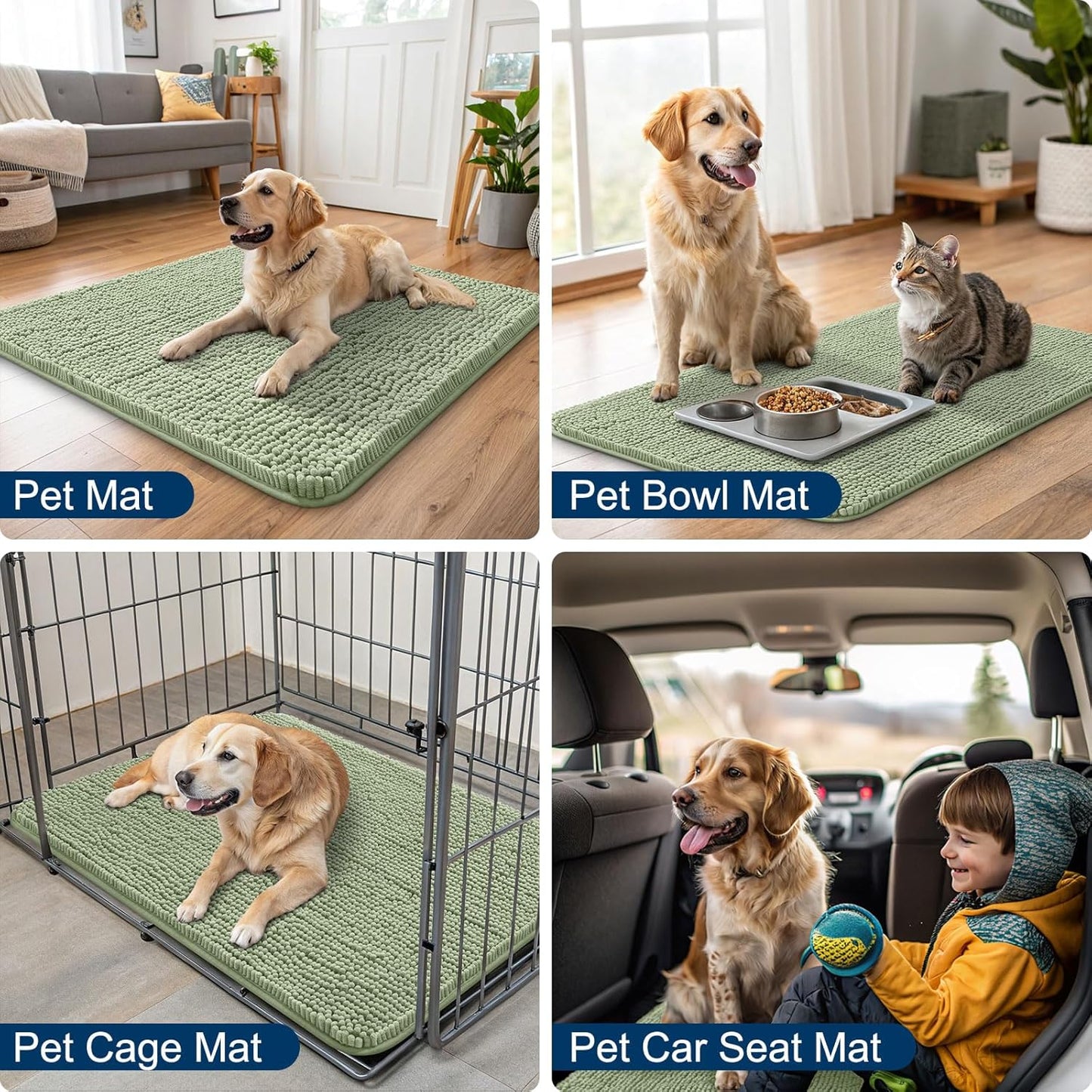 Smiry Dog Door Mat for Muddy Paws 36x24, Absorbs Moisture and Dirt Doormat, Non-Slip Washable Quick Dry Chenille Front Door Mat Indoor Entrance, Entryway Carpet for Inside Floor, Sage Green