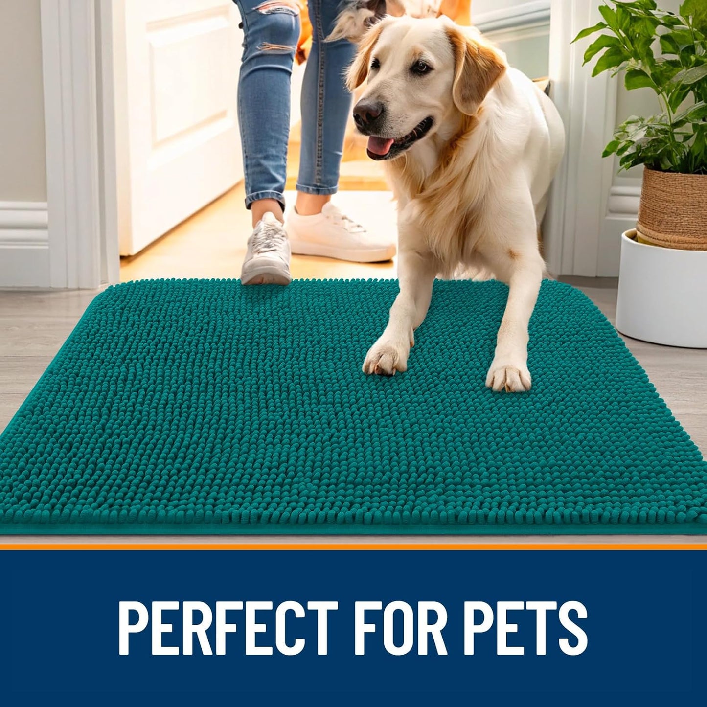 OLANLY Dog Door Mat for Muddy Paws 30x20, Absorbs Moisture and Dirt, Absorbent Non-Slip Washable Doormat, Quick Dry Chenille Mud Mat for Dogs, Entry Indoor Entryway Carpet for Inside Floor, Lake Blue