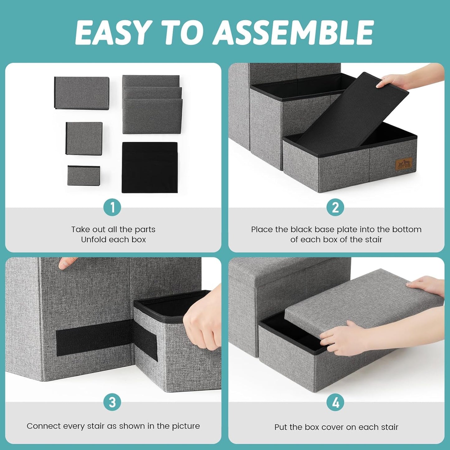 Dog Stairs with Storage, 3-Step Wider Sturdy Dog Steps for Small/Medium/Large Dogs and Older Cats, Folding Doggie Ramp for Bed/Couch/Car Hold Up to 180 lbs (16.7" H, Grey)