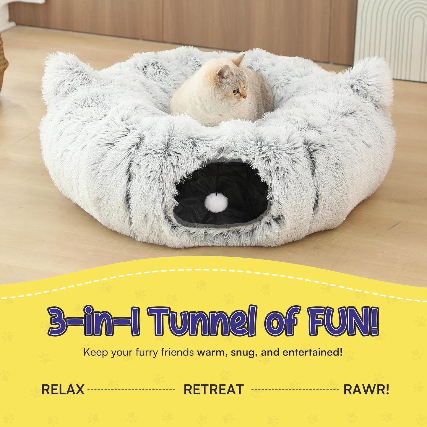Cat Tunnel Bed Cave with Catnip Toys - Peekaboo Cat Hideaway & Cat Donut Tunnel - 3-in-1 Cat Tunnels for Indoor Cats - Foldable Cute Cat Bed - 32" Washable