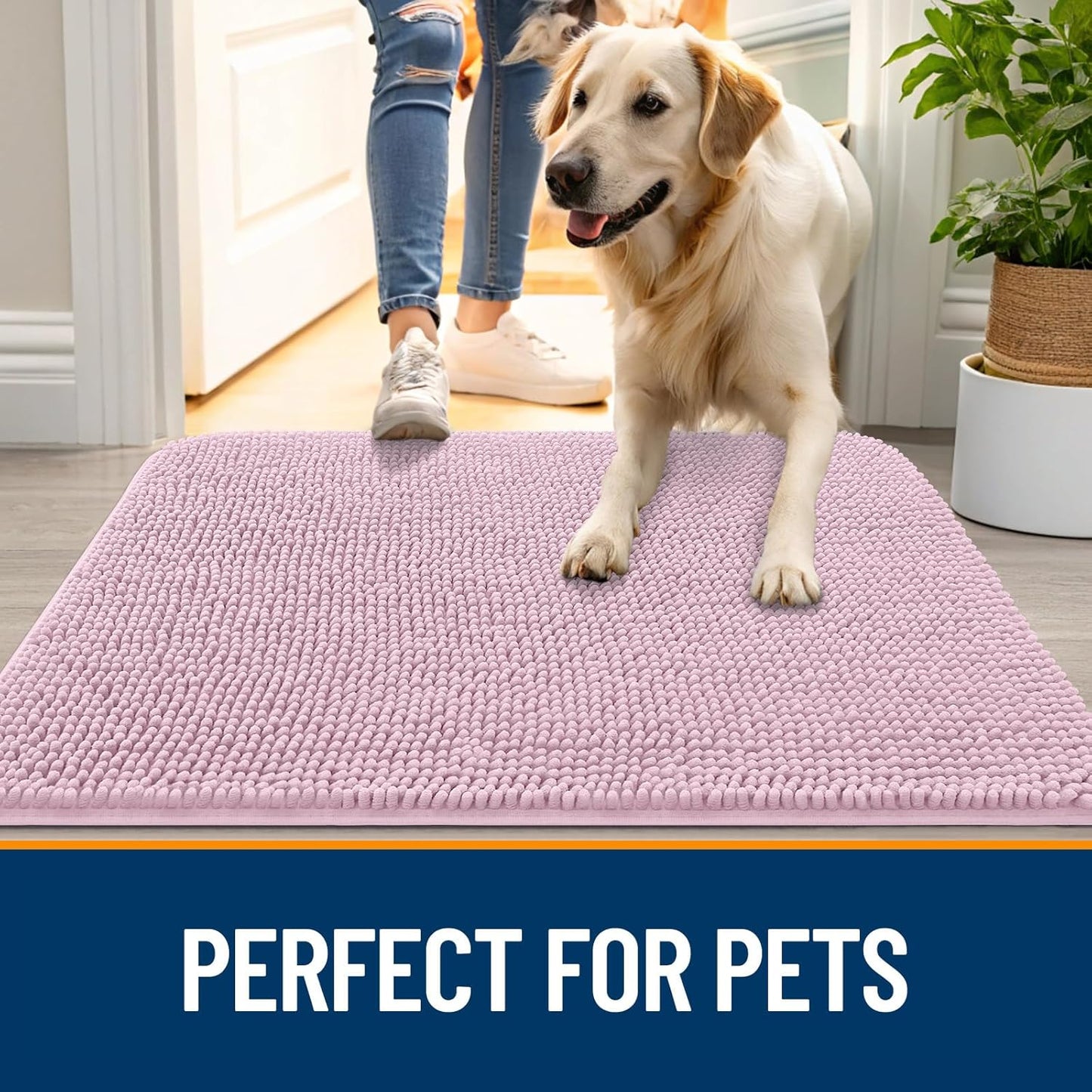 OLANLY Dog Door Mat for Muddy Paws 36x24, Absorbs Moisture and Dirt, Absorbent Non-Slip Washable Doormat, Quick Dry Chenille Mud Mat for Dogs, Entry Indoor Entryway Carpet for Inside Floor, Dusty Rose