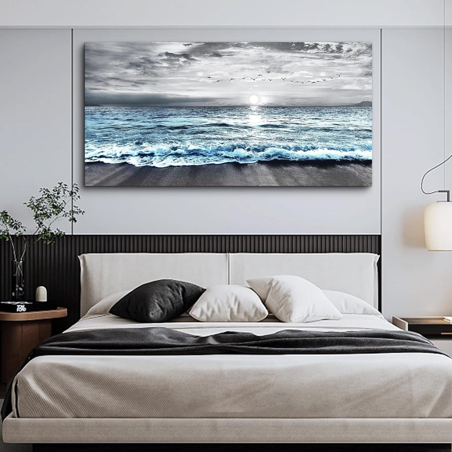 Lapremoly Large Canvas Wall Art For Living Room Wall Decor For Bedroom Office Wall Decorations Black And White Beach Wall Painting Blue Ocean Sea Wave Pictures Stretched and Framed Modern Artwork