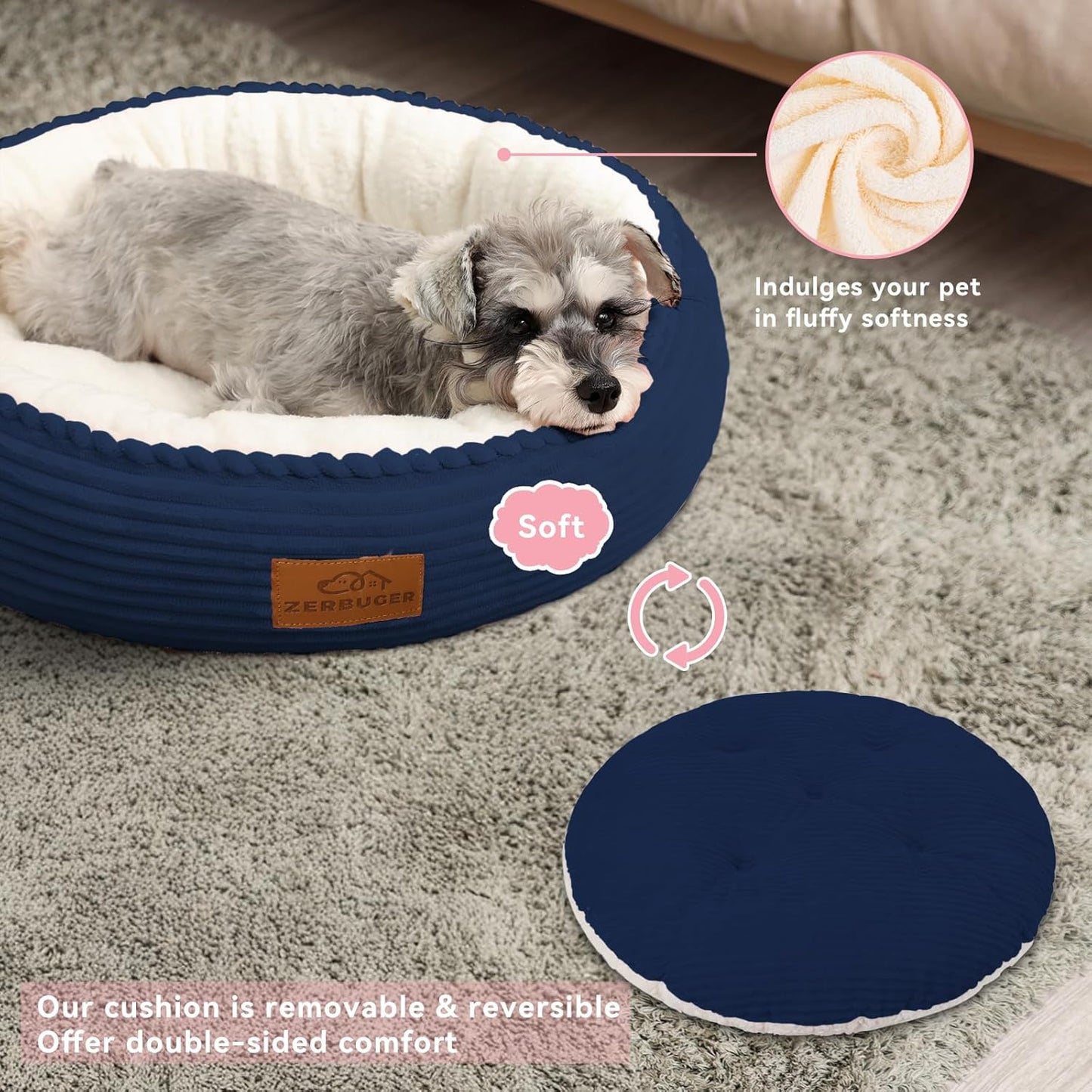 30in Dog Bed Sofa for Small/Medium/Large Dogs, Machine Washable Supportive Foam Pet Couch with Washable Removable Mat and Non-Slip Bottom, Pet Cuddler for Indoor/Outdoor/Car/Cage, Navy Blue