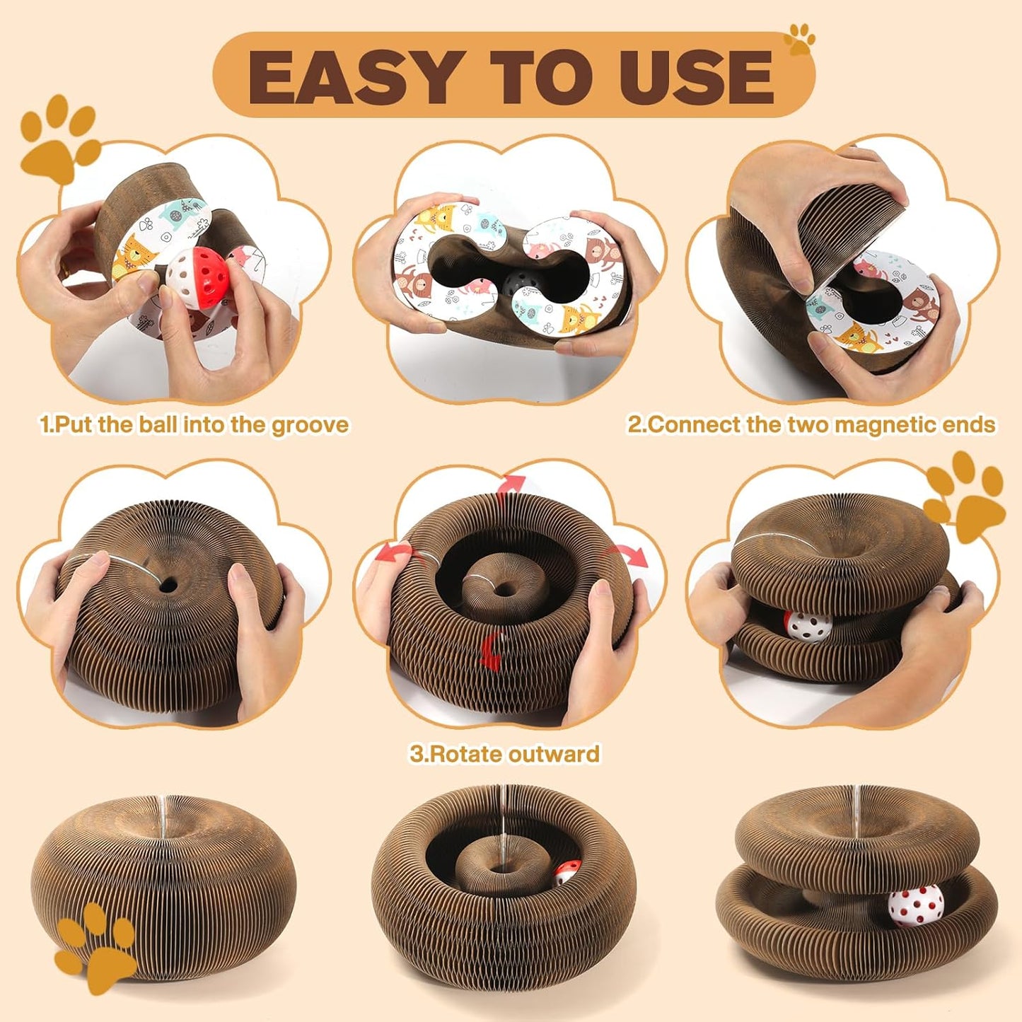 Magic Organ Cat Scratcher Board with 3 Balls, Foldable Recyclable Accordion Cats Toy with Ball and Track Adventure, Cat Scratching Pad, Retractable Reversible Furniture Protector(Brown)