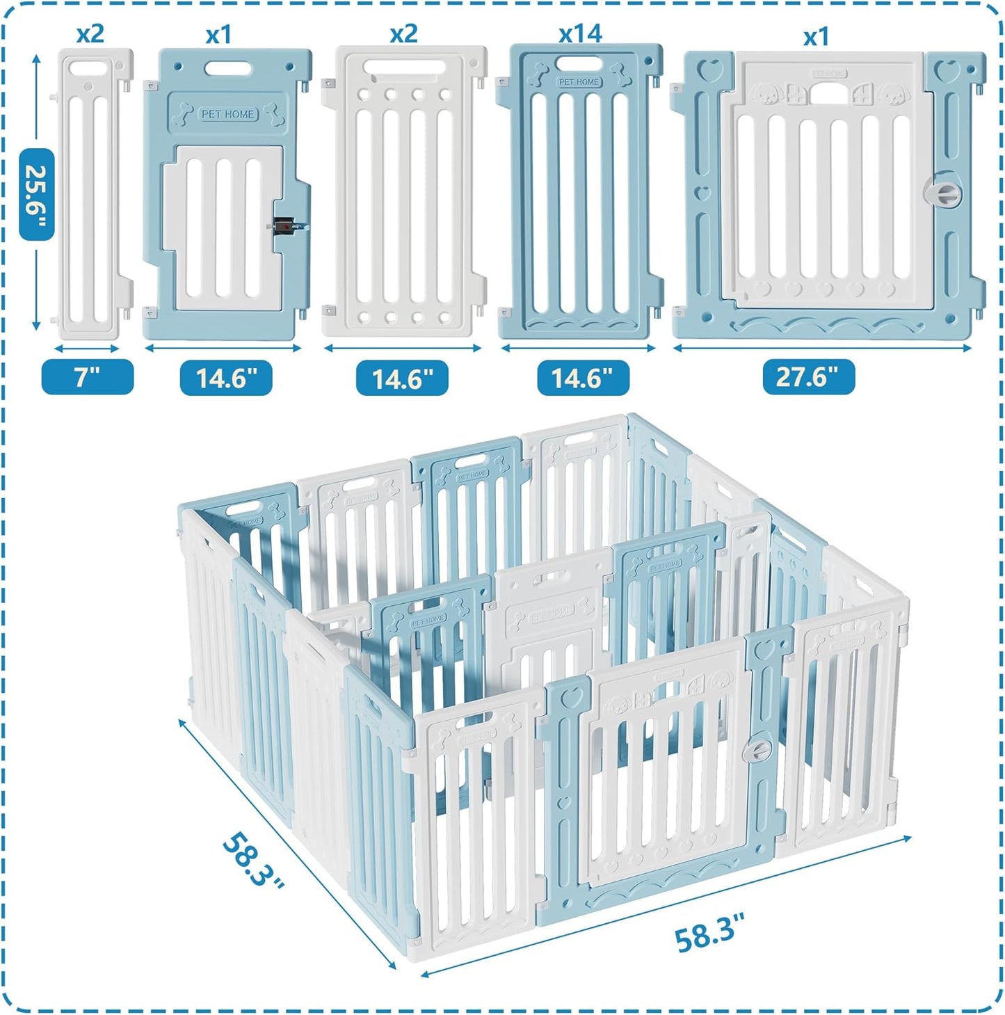 2 Room Dog Playpen with Door,DIY Shape Combination Puppy Pen,16-Panel+2 Link Piece+Large Door+Small Door,25.5" H Dog Fence,Non-Slip&Secure Pet Gate,Easy to Assemble,Blue+White