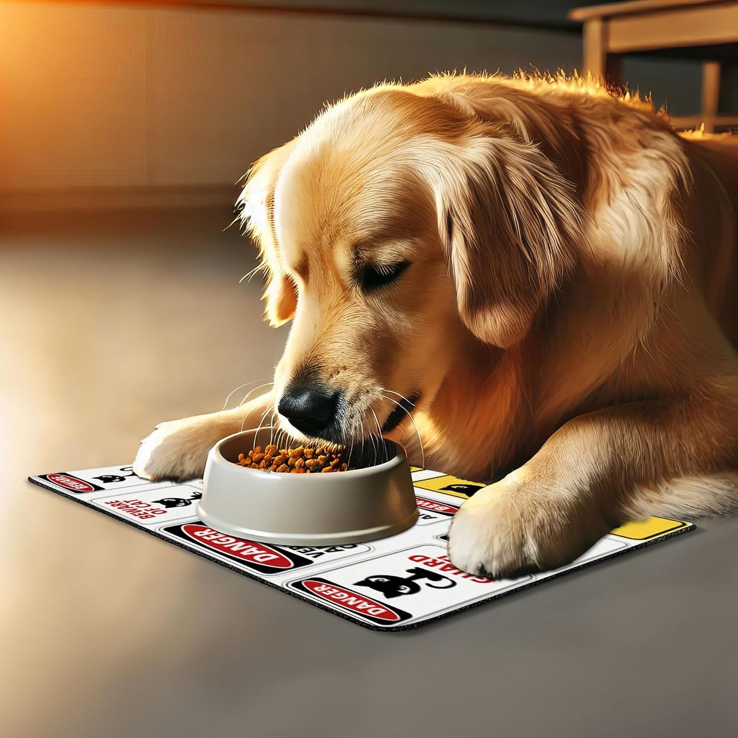 Lunarable Funny Pet Mat for Food and Water, Beware Guard Cat Signs Humorous Comic and Plates Warning Graphic, Non-Slip Rubber Mat for Dogs and Cats, 18" X 12", Yellow Red