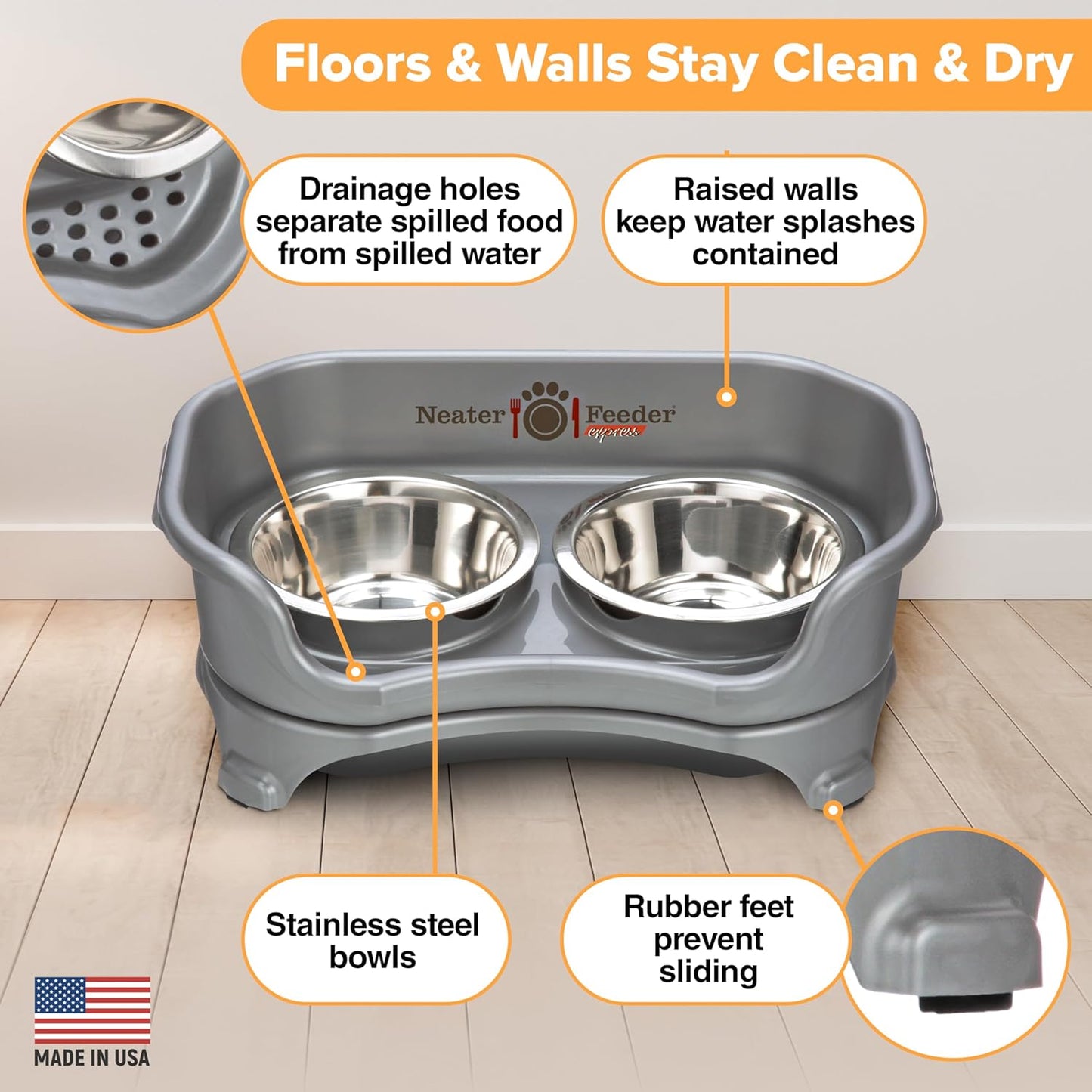 Neater Feeder Express Mess Proof Dog Bowls Elevated for Small Breeds Under 15 Lb, Made in USA, No Spill Raised Dog Food Bowl Stand, Stainless Steel Food and Water Bowl Set, Feeding Station, Grey