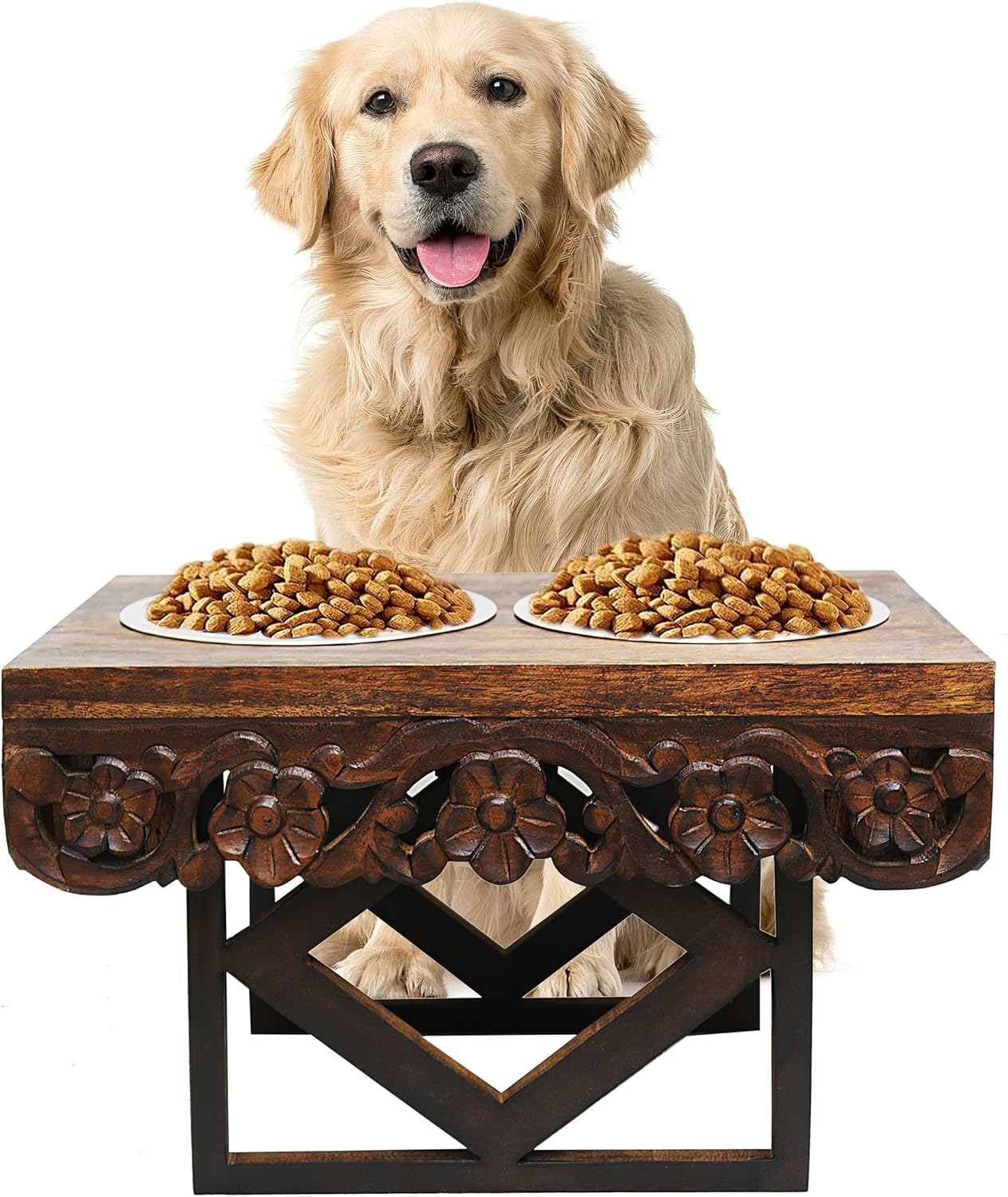 Elevated Pet Feeder for Dogs and Cats - The Bali Carved Wood Pet Feeding Stand with Two Stainless Steel Bowls - Three Heights Adjustable Raised Dog Bowl - Food Water Pet Feeding Station - IRONGATE